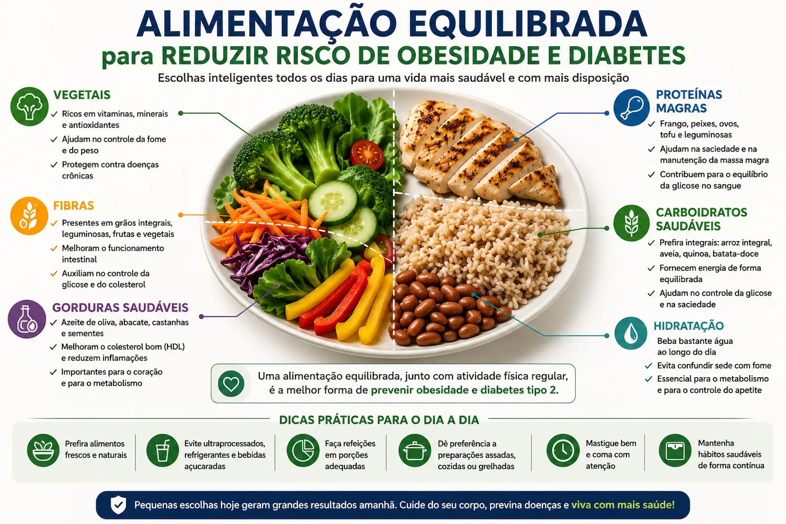 Alimentação equilibrada para reduzir risco de obesidade e diabetes com vegetais fibras proteínas magras e alimentos naturais