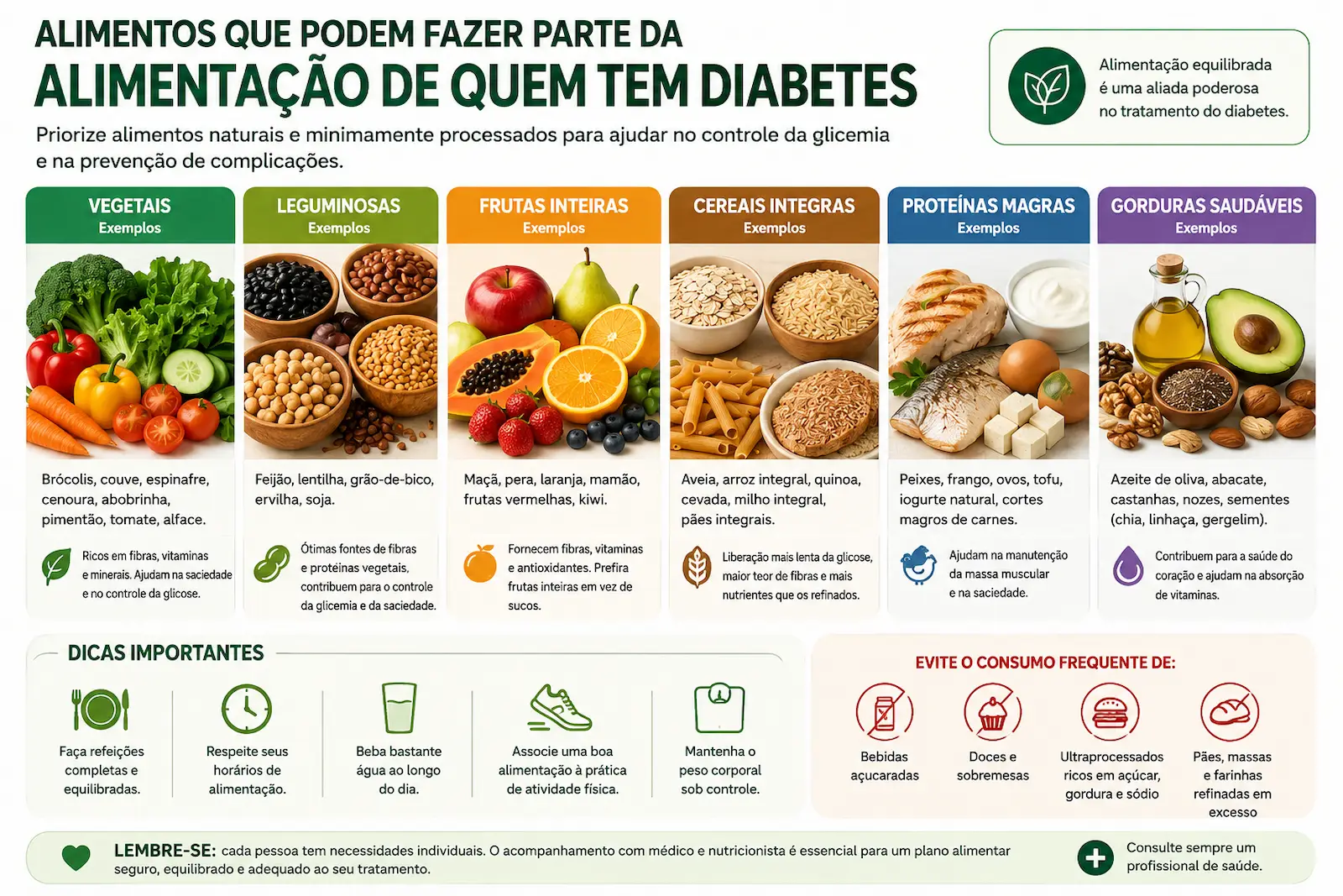 Infográfico com alimentos naturais e minimamente processados que podem fazer parte da alimentação de pessoas com diabetes