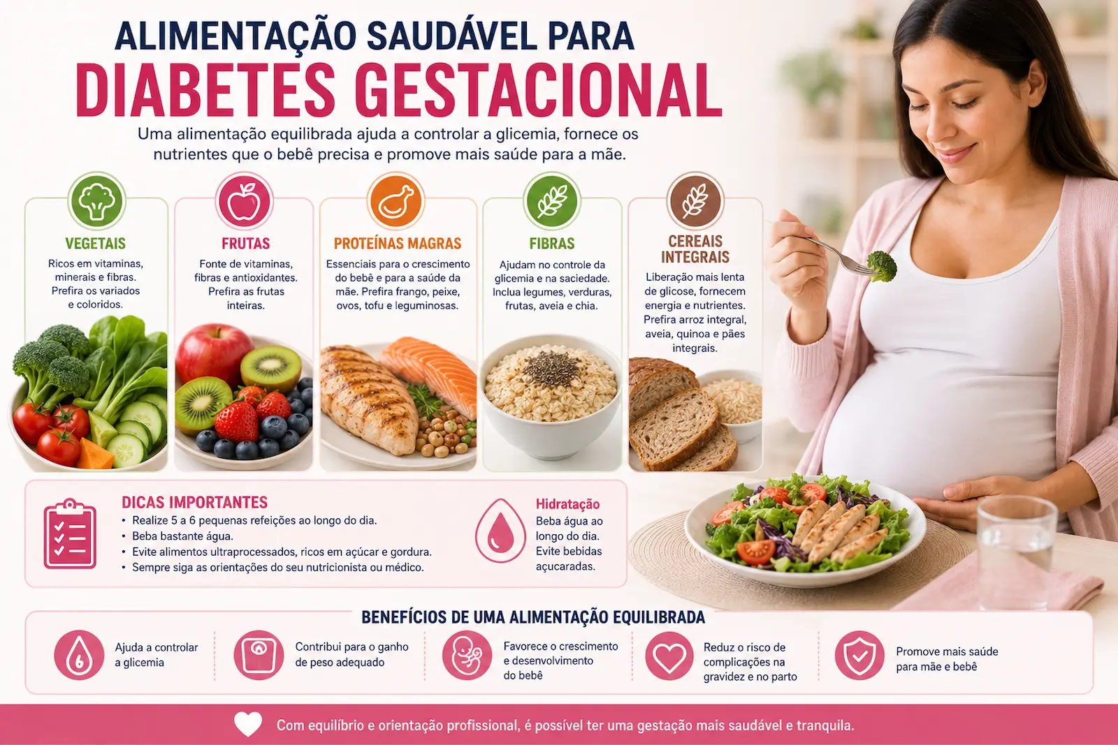 Alimentação saudável para diabetes gestacional com vegetais frutas proteínas magras fibras e cereais integrais
