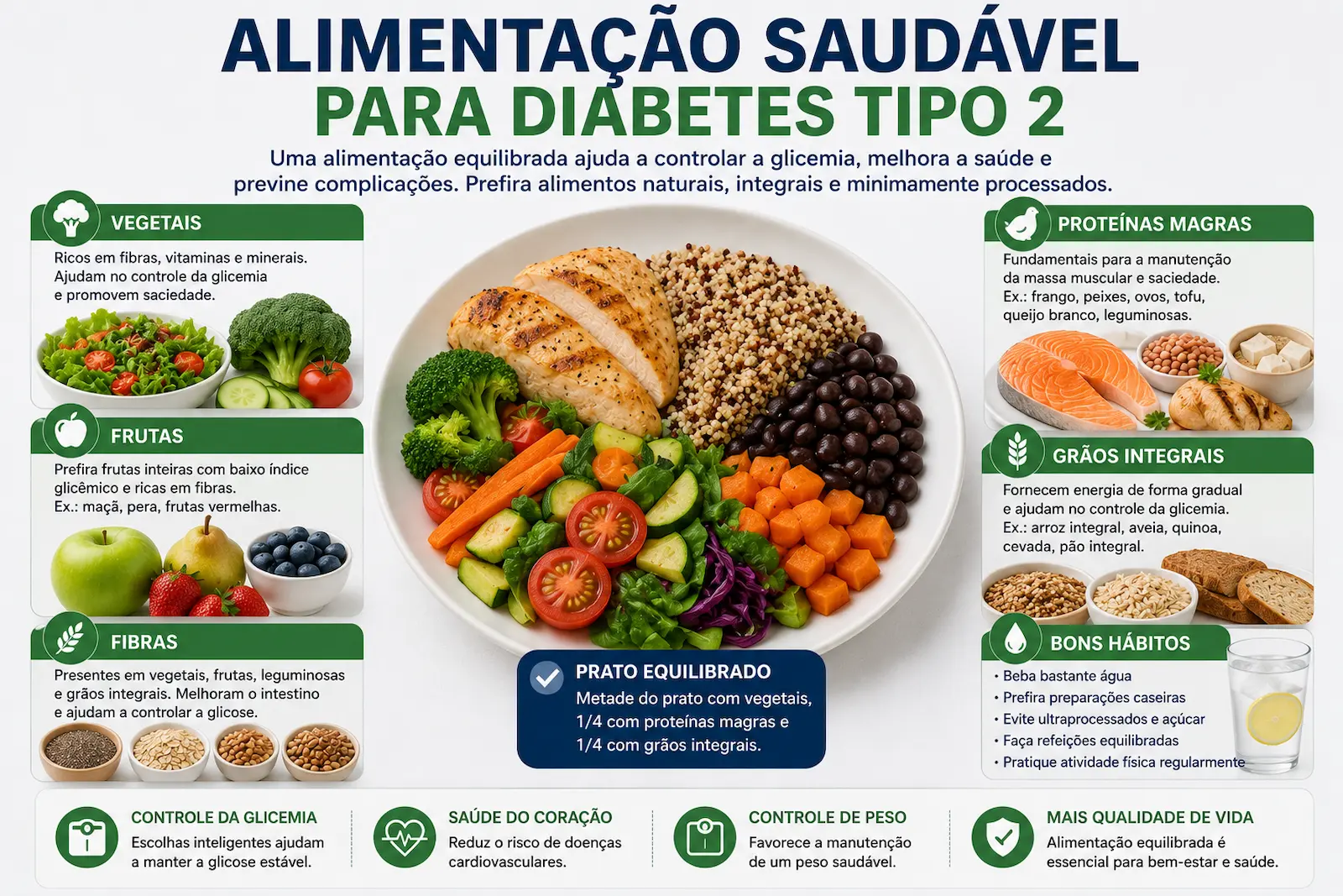 Alimentação saudável para diabetes tipo 2 com vegetais frutas fibras proteínas magras e grãos integrais