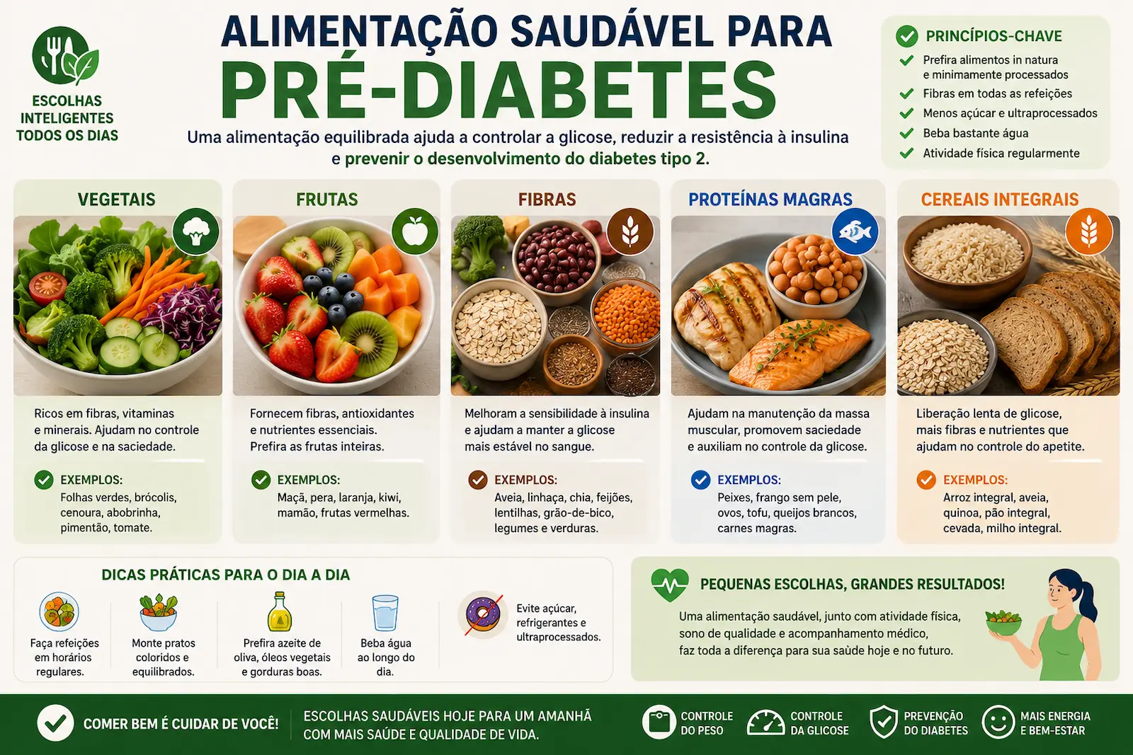 Alimentação saudável para pré-diabetes com vegetais frutas fibras proteínas magras e cereais integrais