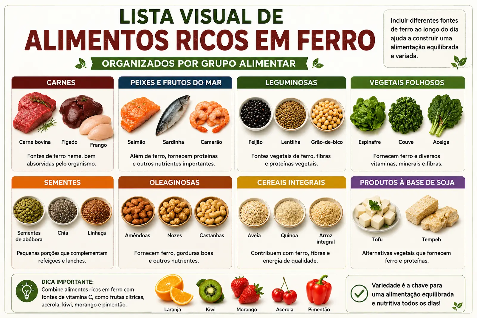 Lista visual de alimentos ricos em ferro organizados por grupo alimentar