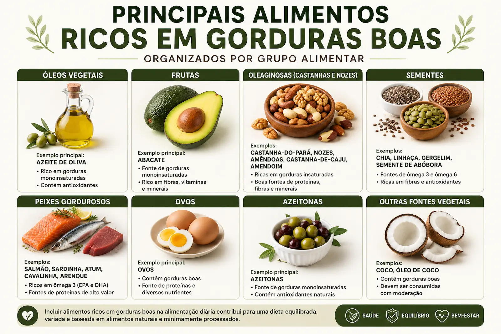 Principais alimentos ricos em gorduras boas organizados por grupo alimentar