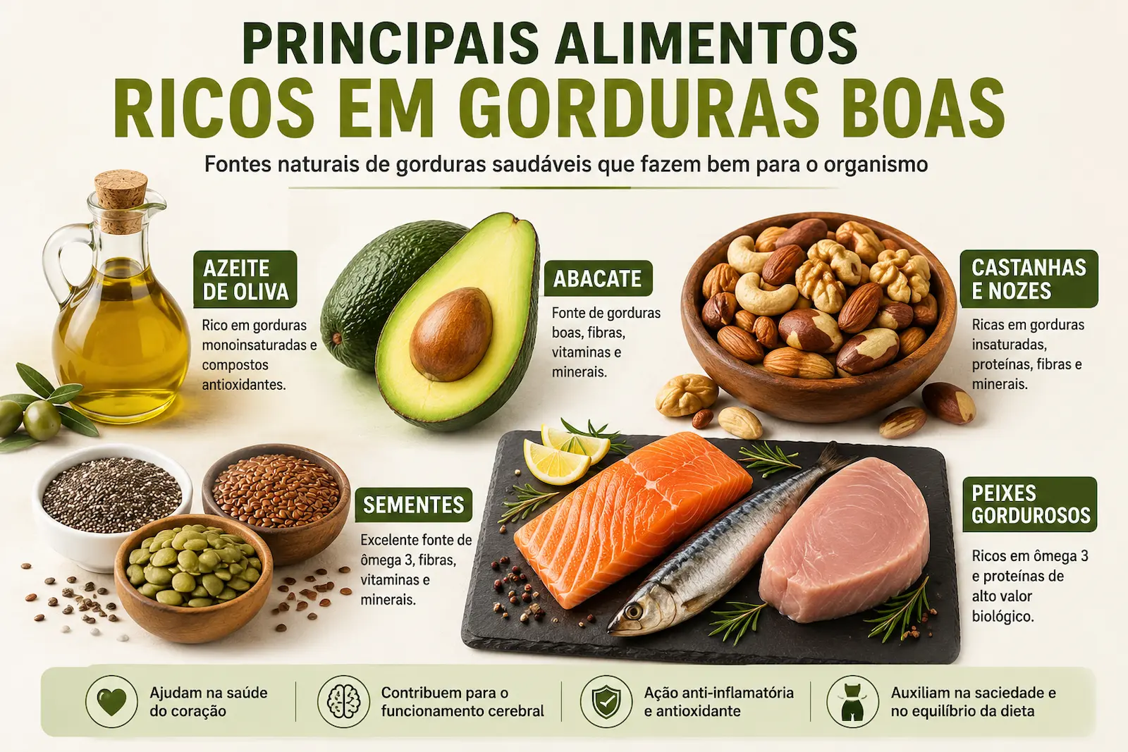 Principais alimentos ricos em gorduras boas como azeite de oliva, abacate, castanhas, sementes e peixes