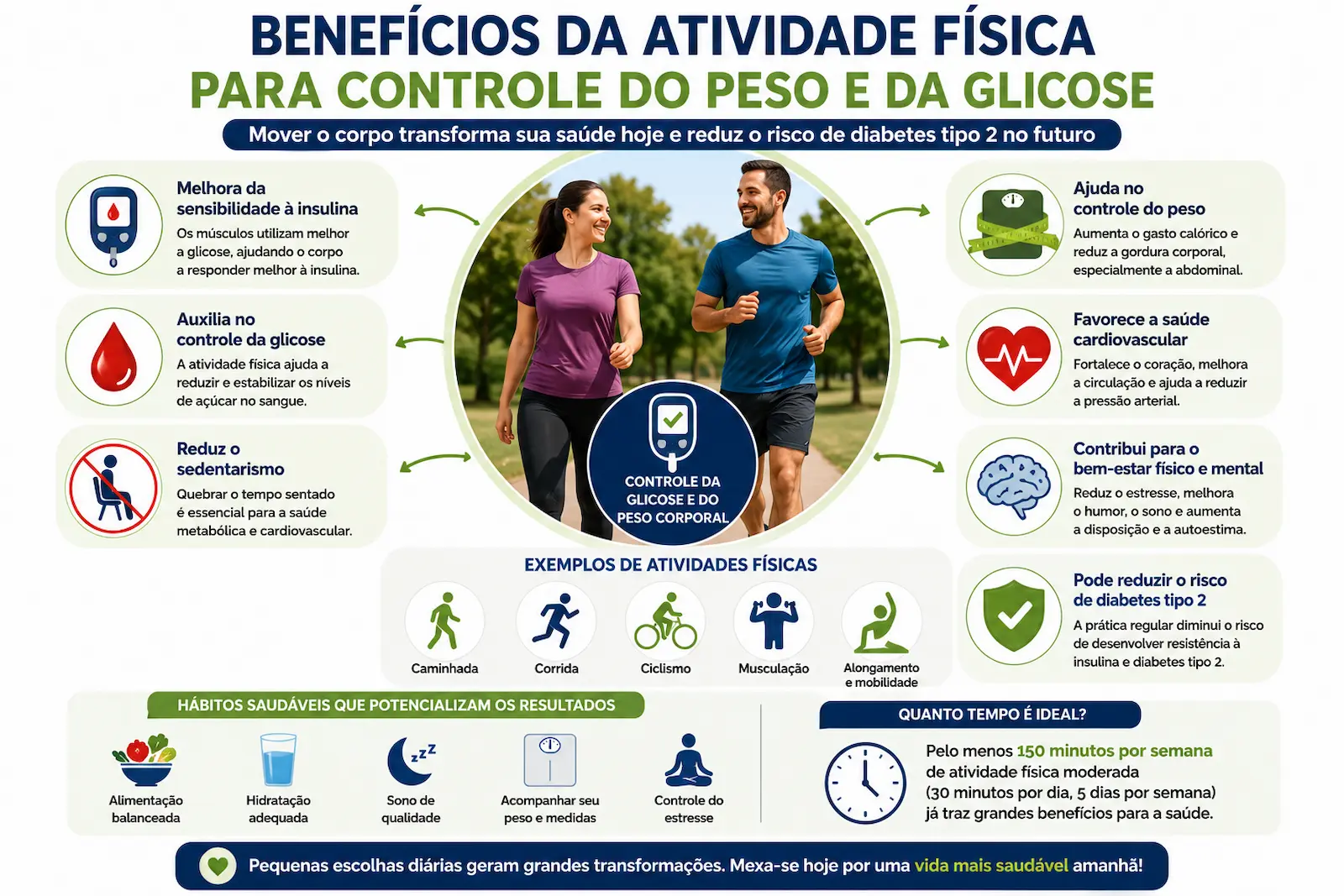Benefícios da atividade física para controle do peso e da glicose incluindo caminhada exercícios e hábitos saudáveis