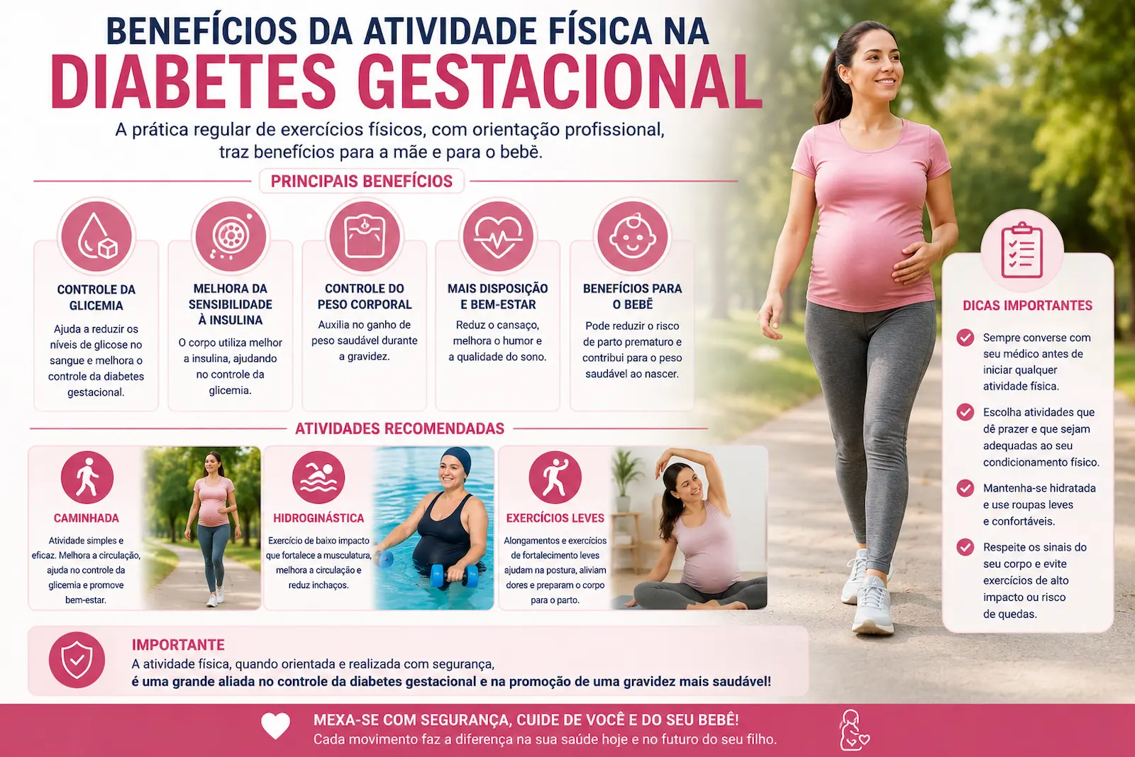 Benefícios da atividade física na diabetes gestacional incluindo caminhada hidroginástica exercícios leves e melhora da sensibilidade à insulina