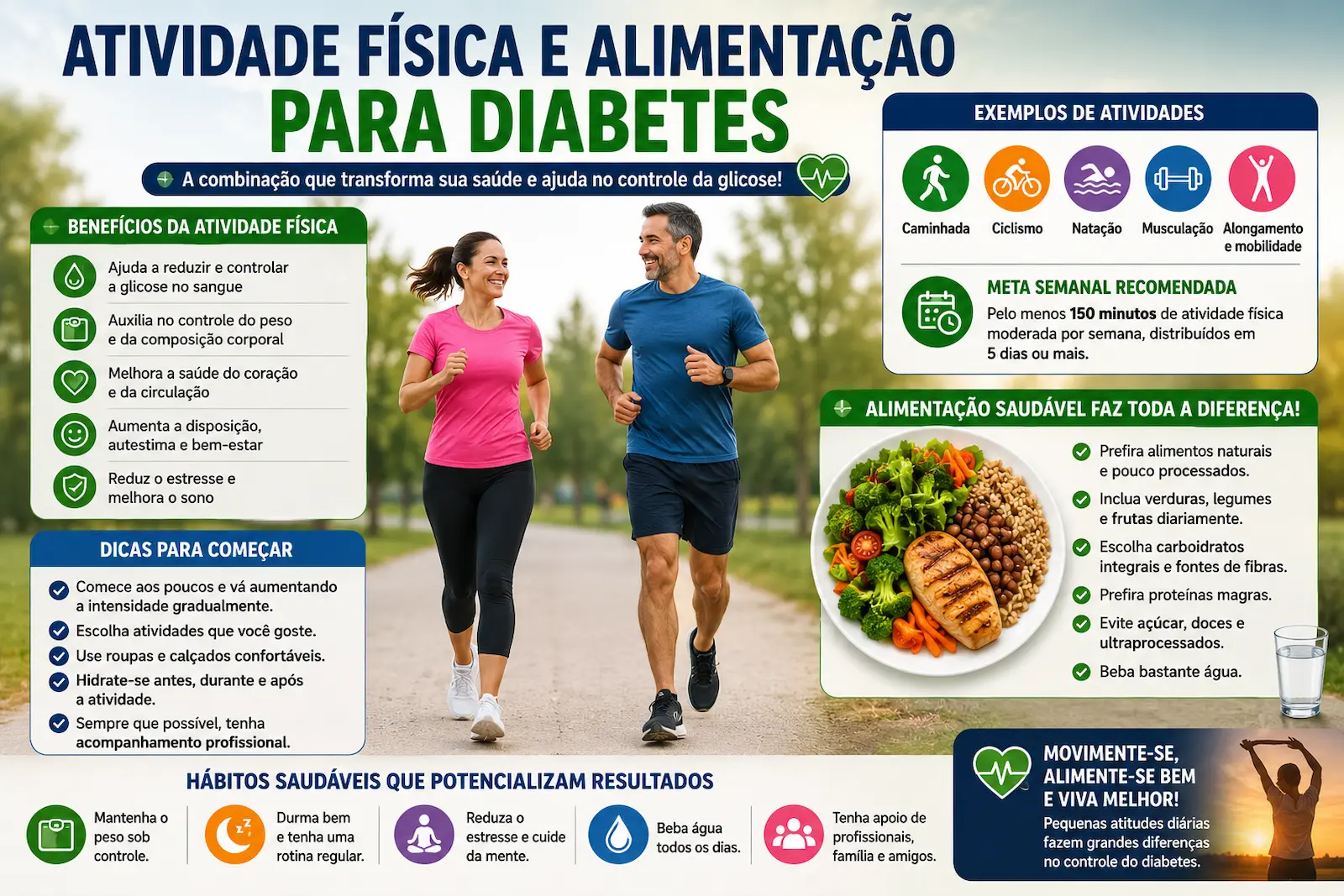 Atividade física e alimentação para diabetes incluindo caminhada exercícios regulares e hábitos saudáveis