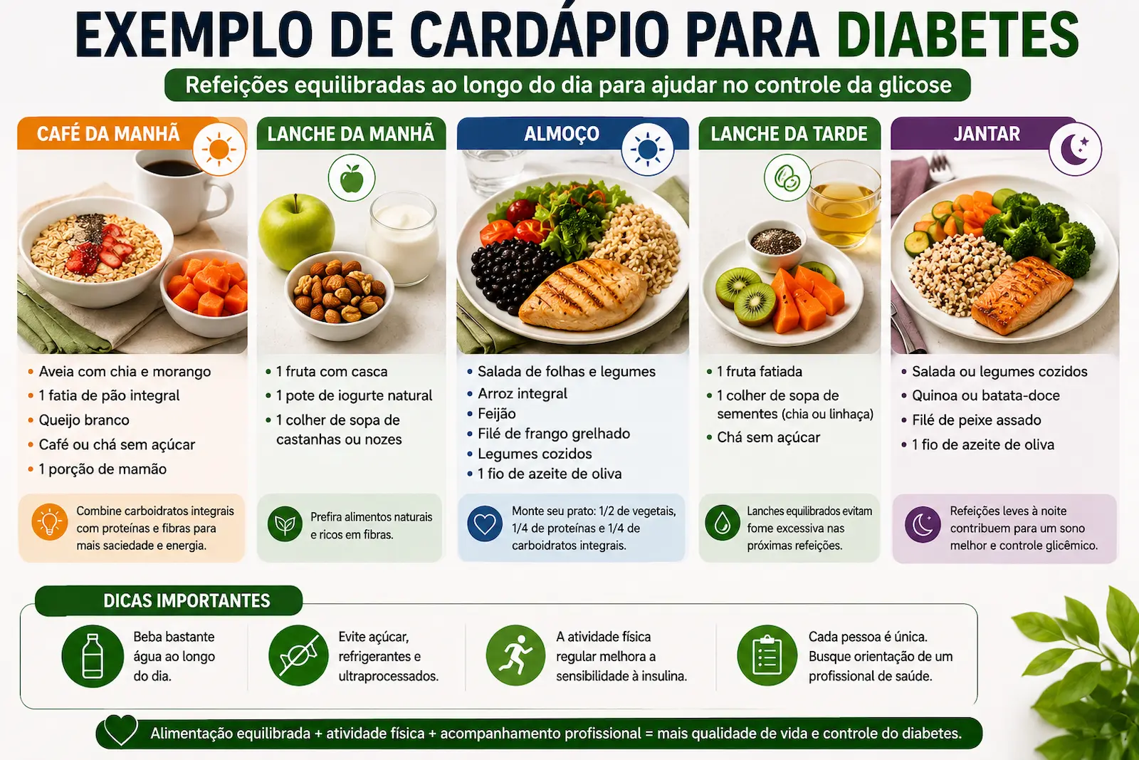 Exemplo de cardápio para diabetes com refeições equilibradas ao longo do dia incluindo café da manhã almoço jantar e lanches