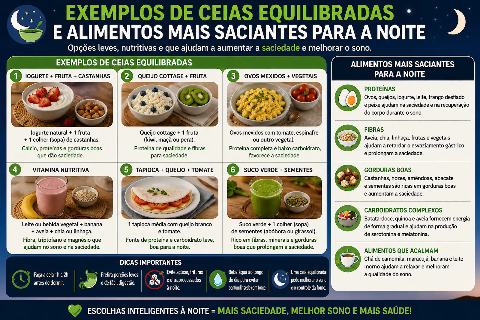 exemplos de ceias equilibradas e alimentos mais saciantes para a noite