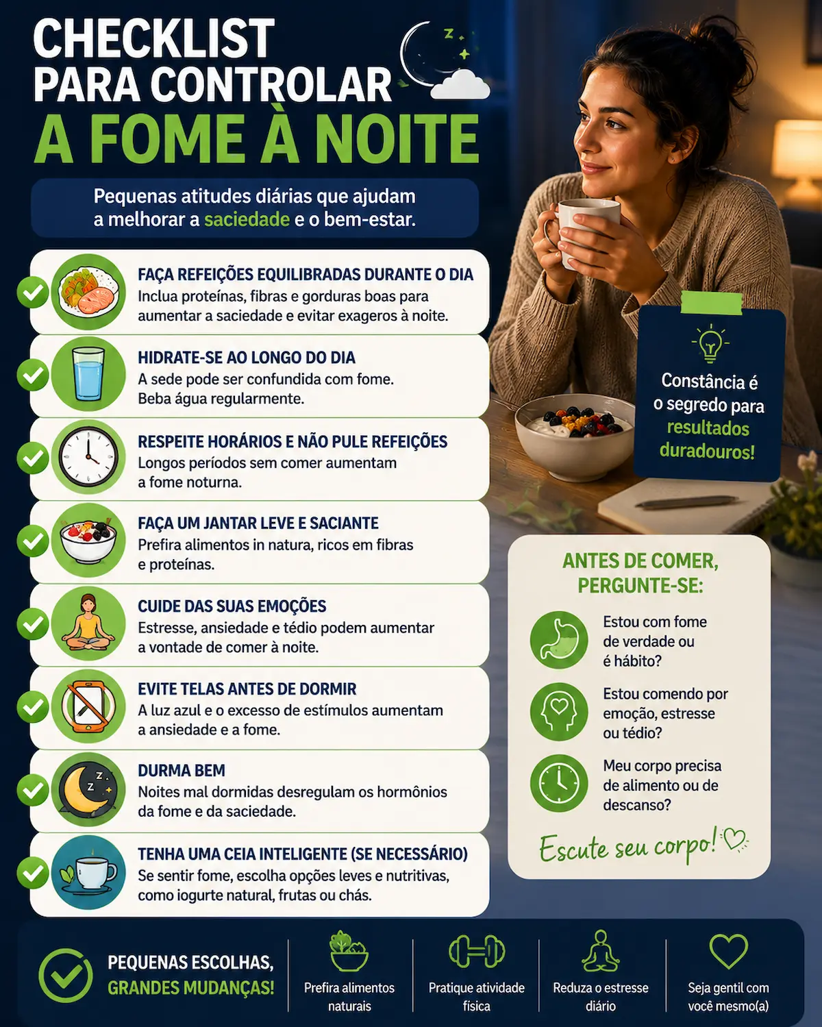 checklist para controlar a fome à noite