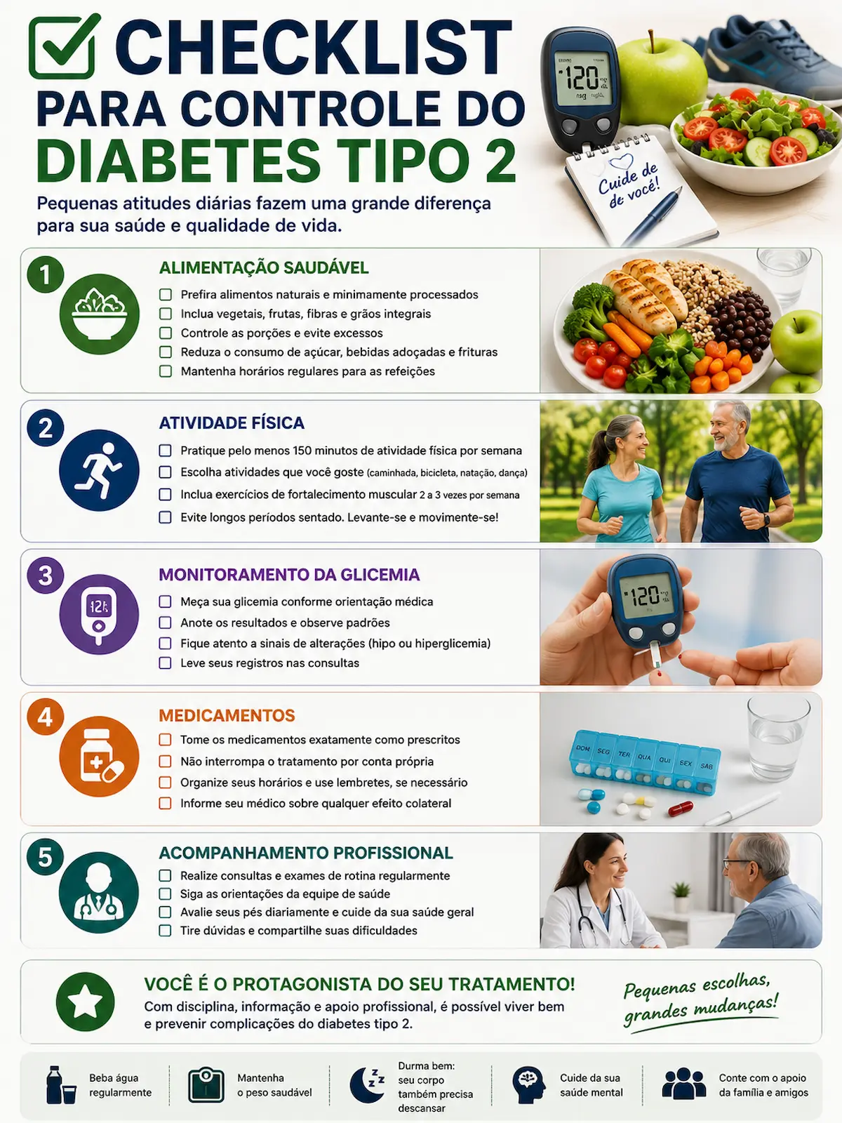 Checklist para controle do diabetes tipo 2 incluindo alimentação atividade física monitoramento da glicemia medicamentos e acompanhamento profissional