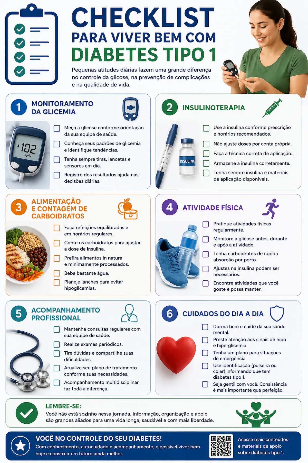 Checklist para viver bem com diabetes tipo 1 incluindo monitoramento da glicemia insulinoterapia alimentação atividade física e acompanhamento profissional