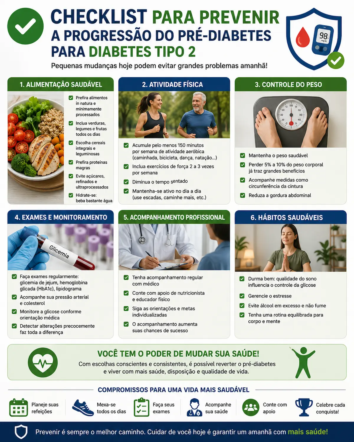 Checklist para prevenir a progressão do pré-diabetes para diabetes tipo 2 incluindo alimentação atividade física exames e acompanhamento profissional
