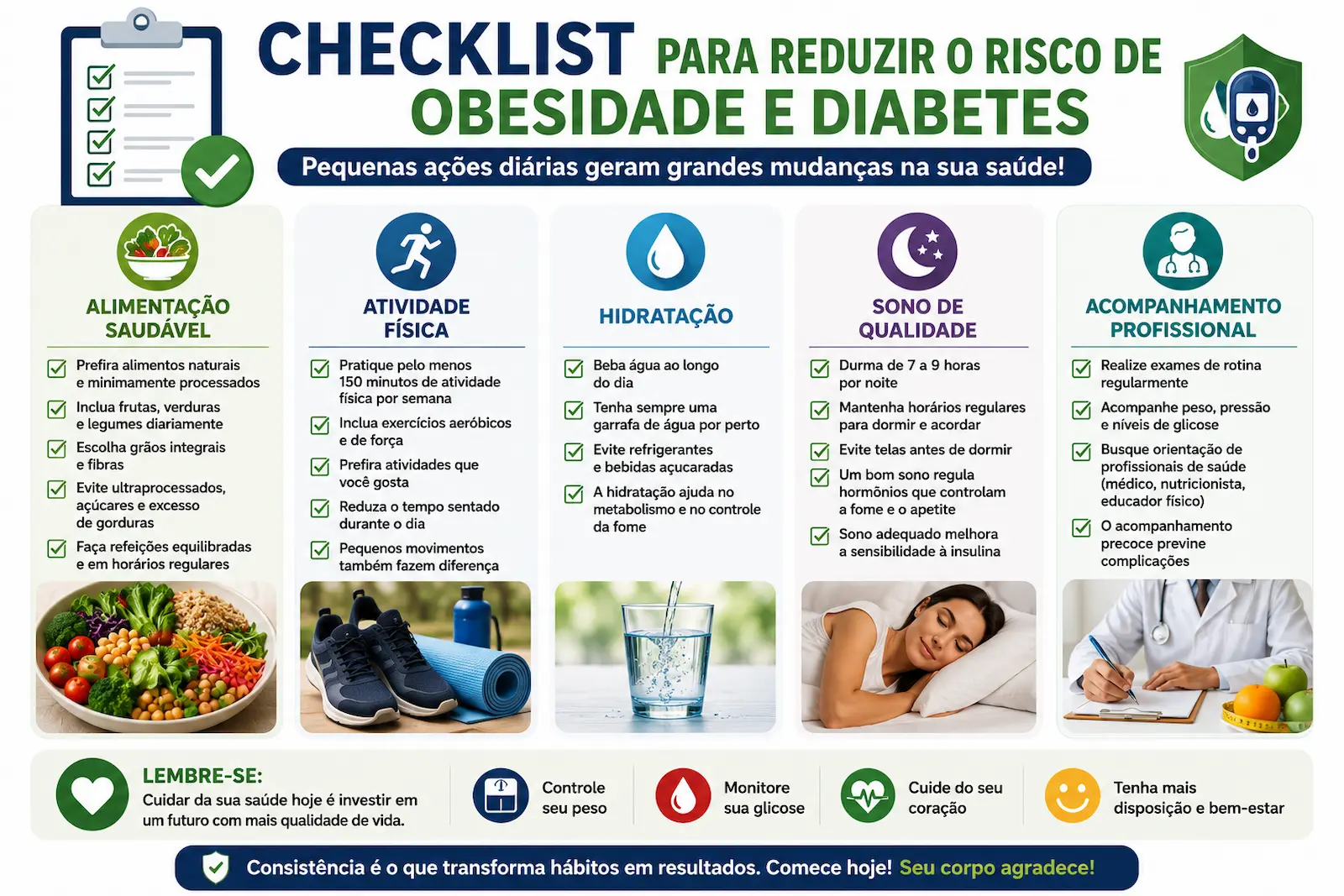 Checklist para reduzir risco de obesidade e diabetes incluindo alimentação atividade física hidratação sono e acompanhamento profissional