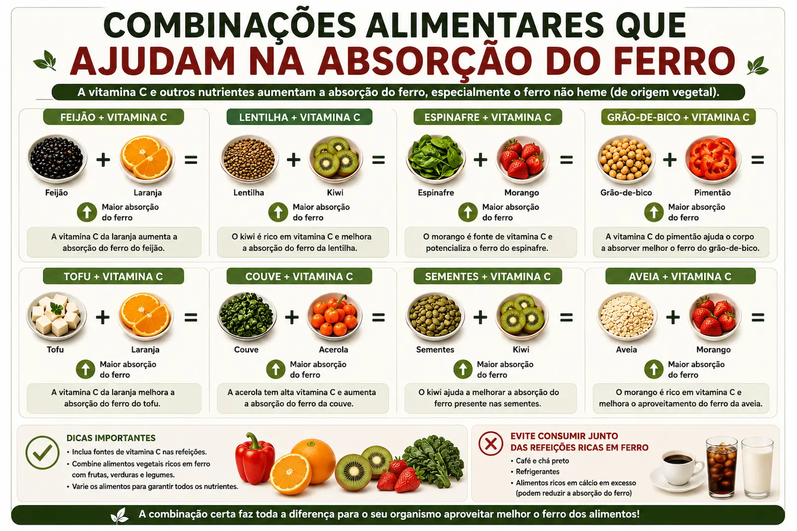 Combinações alimentares que ajudam na absorção do ferro