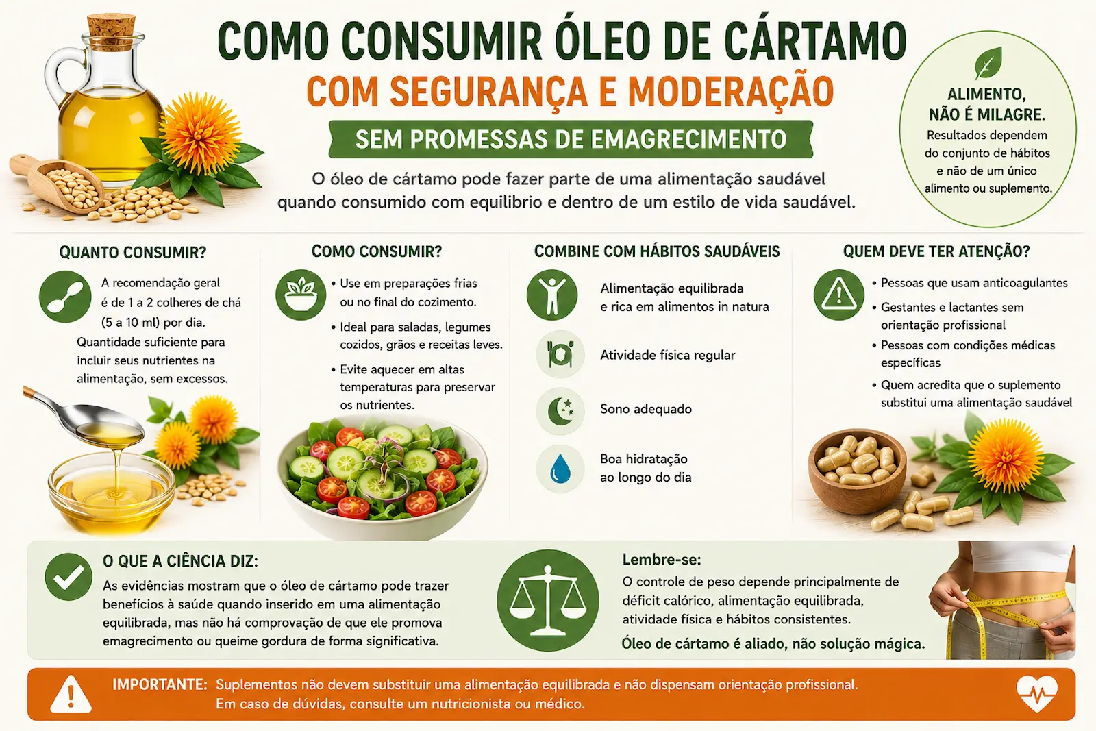 Como consumir óleo de cártamo com segurança e moderação sem promessas de emagrecimento