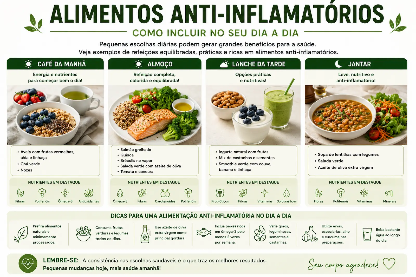 Exemplos de refeicoes com alimentos anti-inflamatorios ao longo do dia