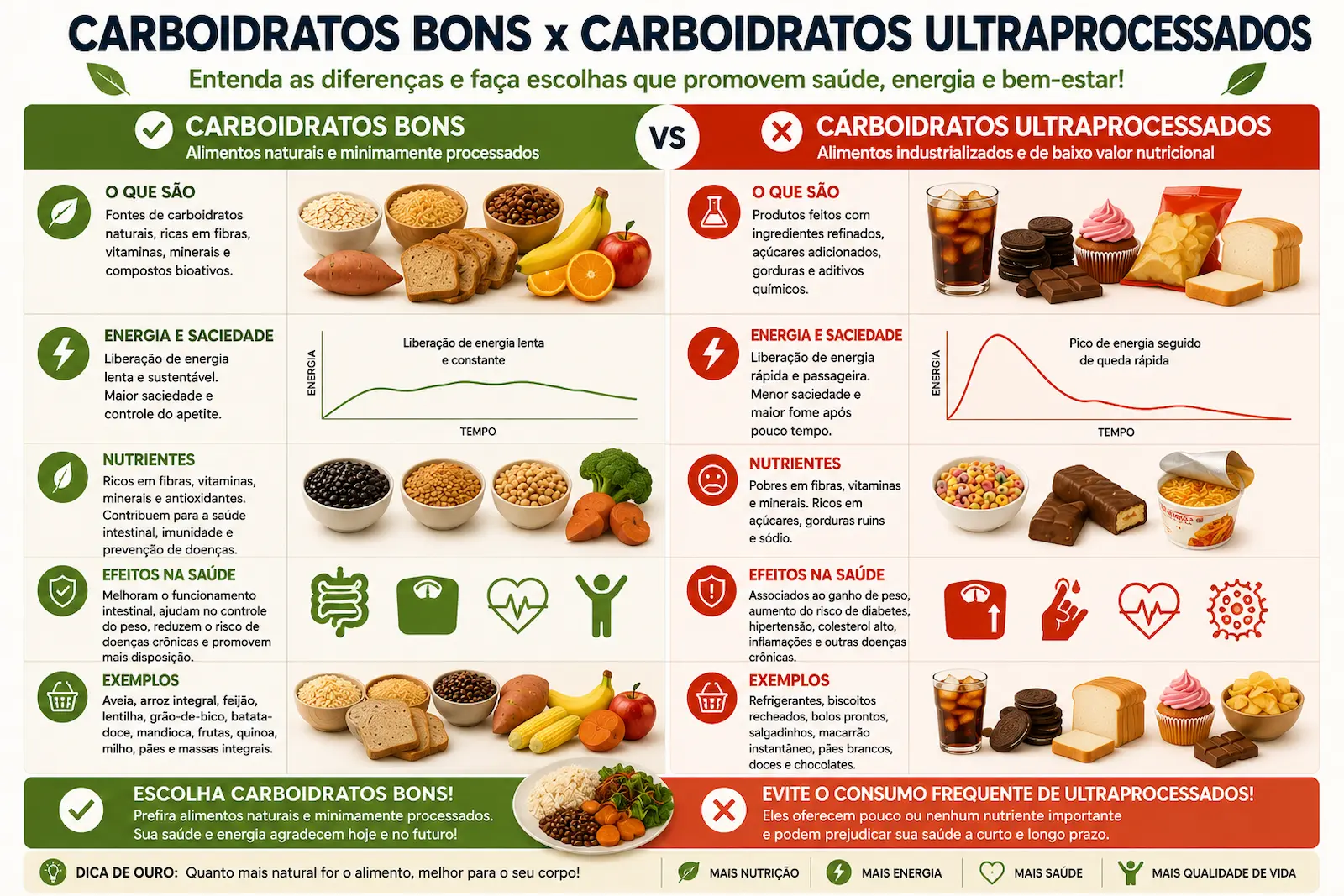 Comparação entre carboidratos bons e carboidratos ultraprocessados