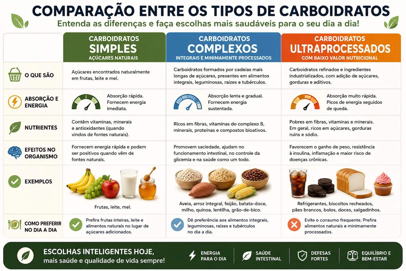 Comparação entre carboidratos simples, carboidratos complexos e ultraprocessados