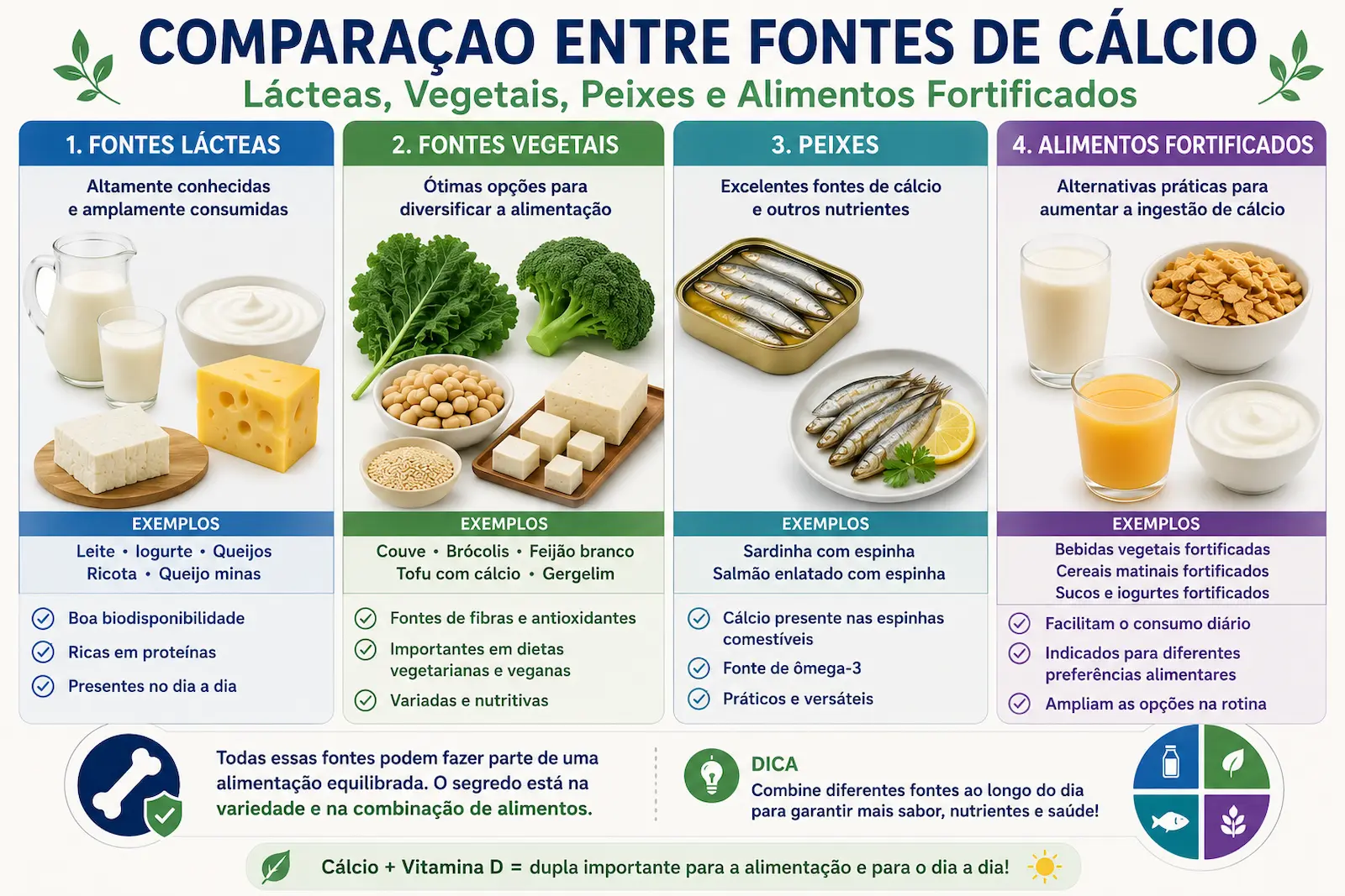 Comparação entre fontes lácteas vegetais peixes e alimentos fortificados com cálcio