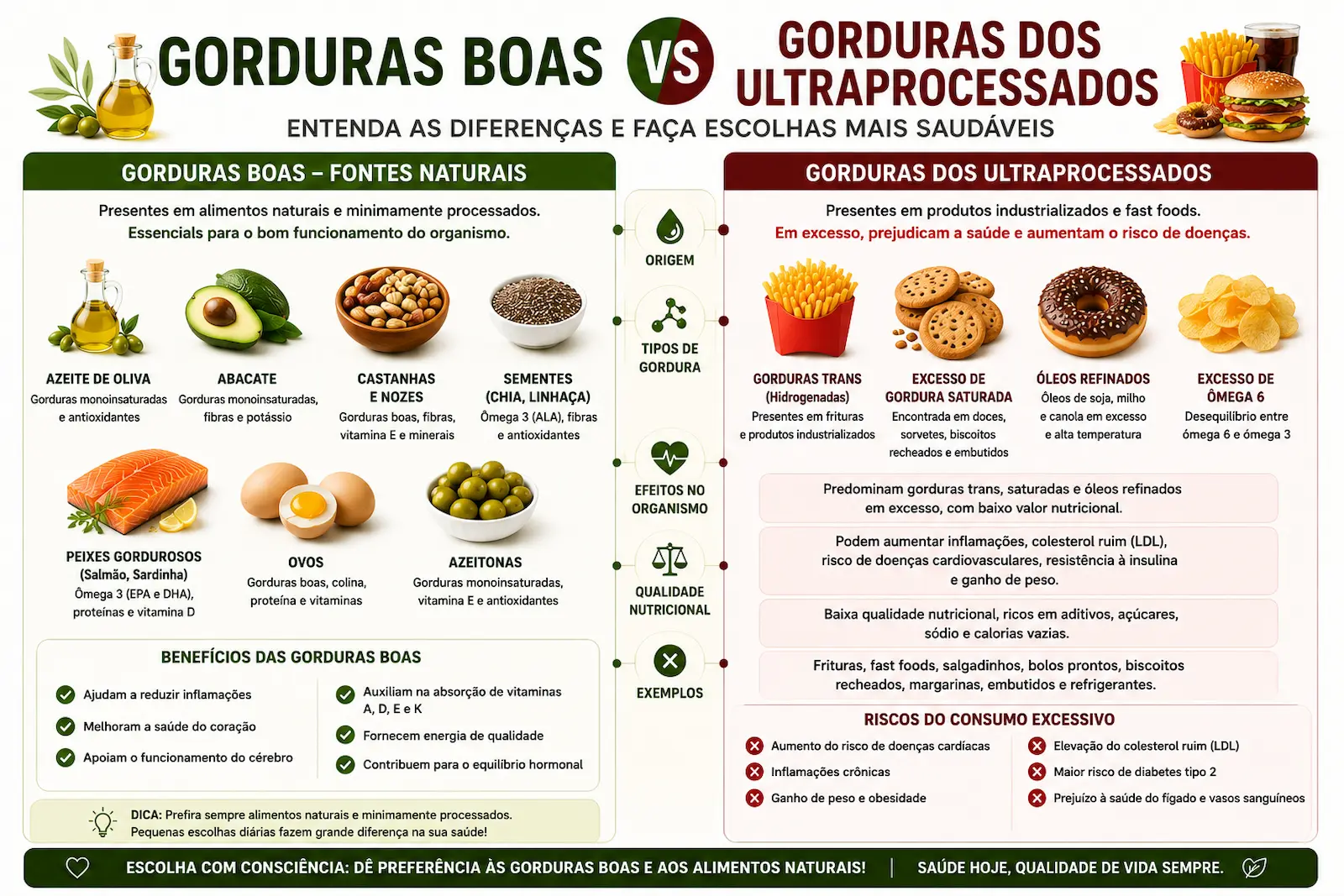 Comparação entre gorduras boas e gorduras presentes em produtos ultraprocessados