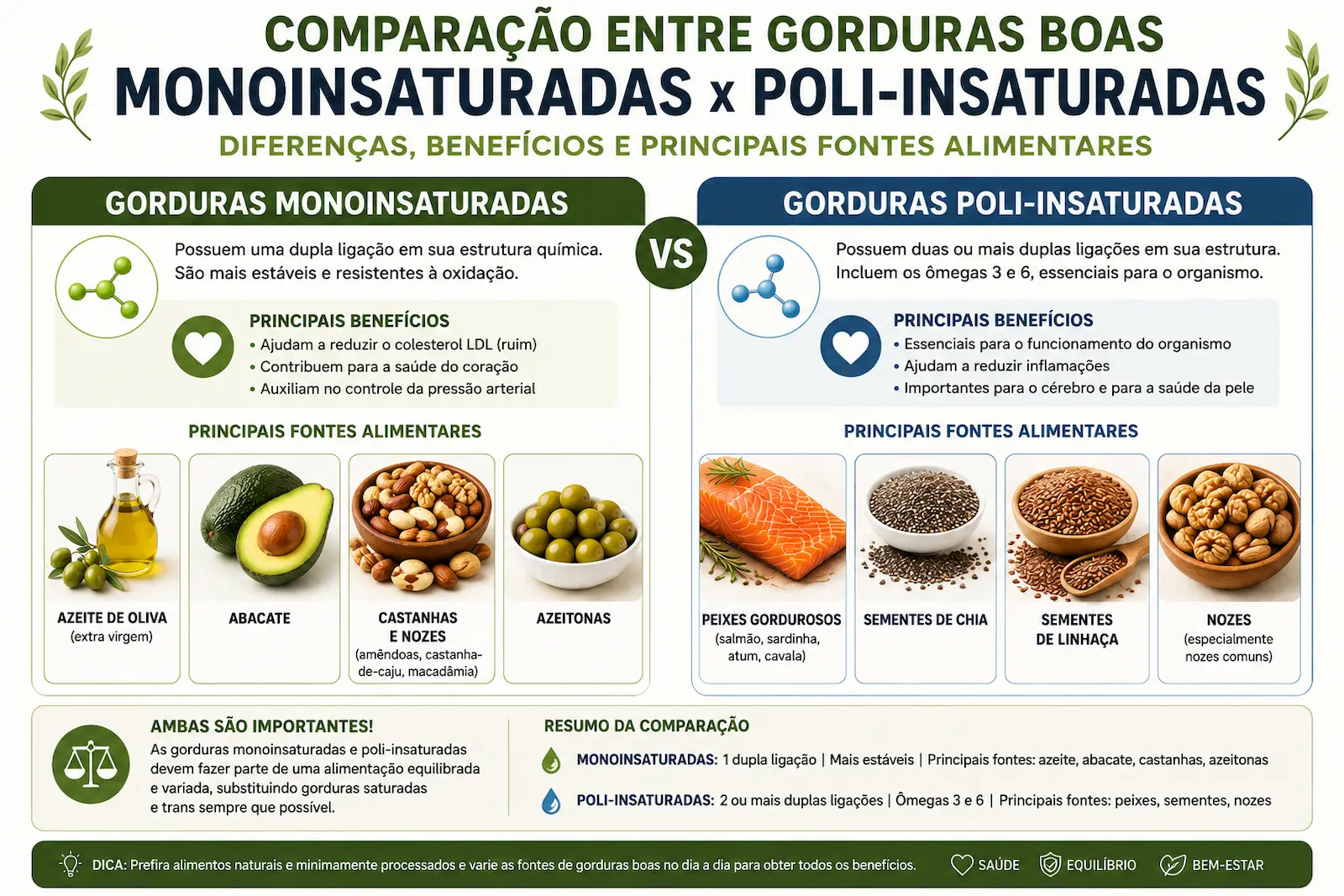 Comparação entre gorduras monoinsaturadas e poli-insaturadas e suas principais fontes alimentares