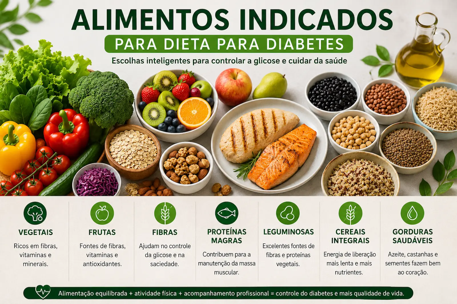 Alimentos indicados para dieta para diabetes incluindo vegetais frutas fibras proteínas magras leguminosas e cereais integrais
