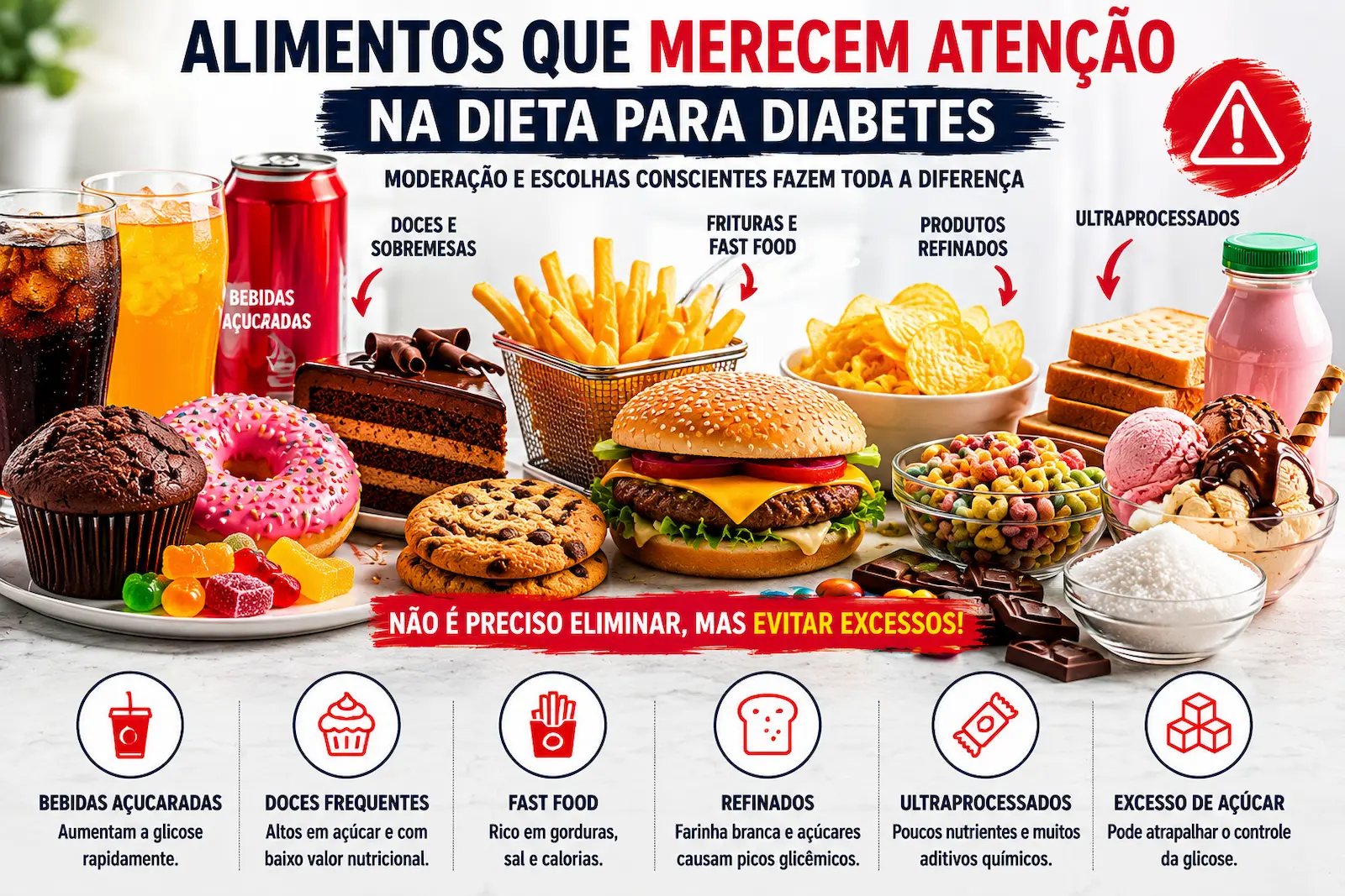 Alimentos que merecem atenção na dieta para diabetes incluindo bebidas açucaradas doces ultraprocessados e produtos com excesso de açúcar