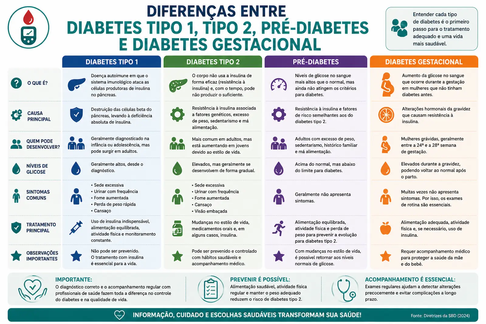 Infográfico comparando diabetes tipo 1 diabetes tipo 2 pré-diabetes e diabetes gestacional com causas características sintomas e tratamento