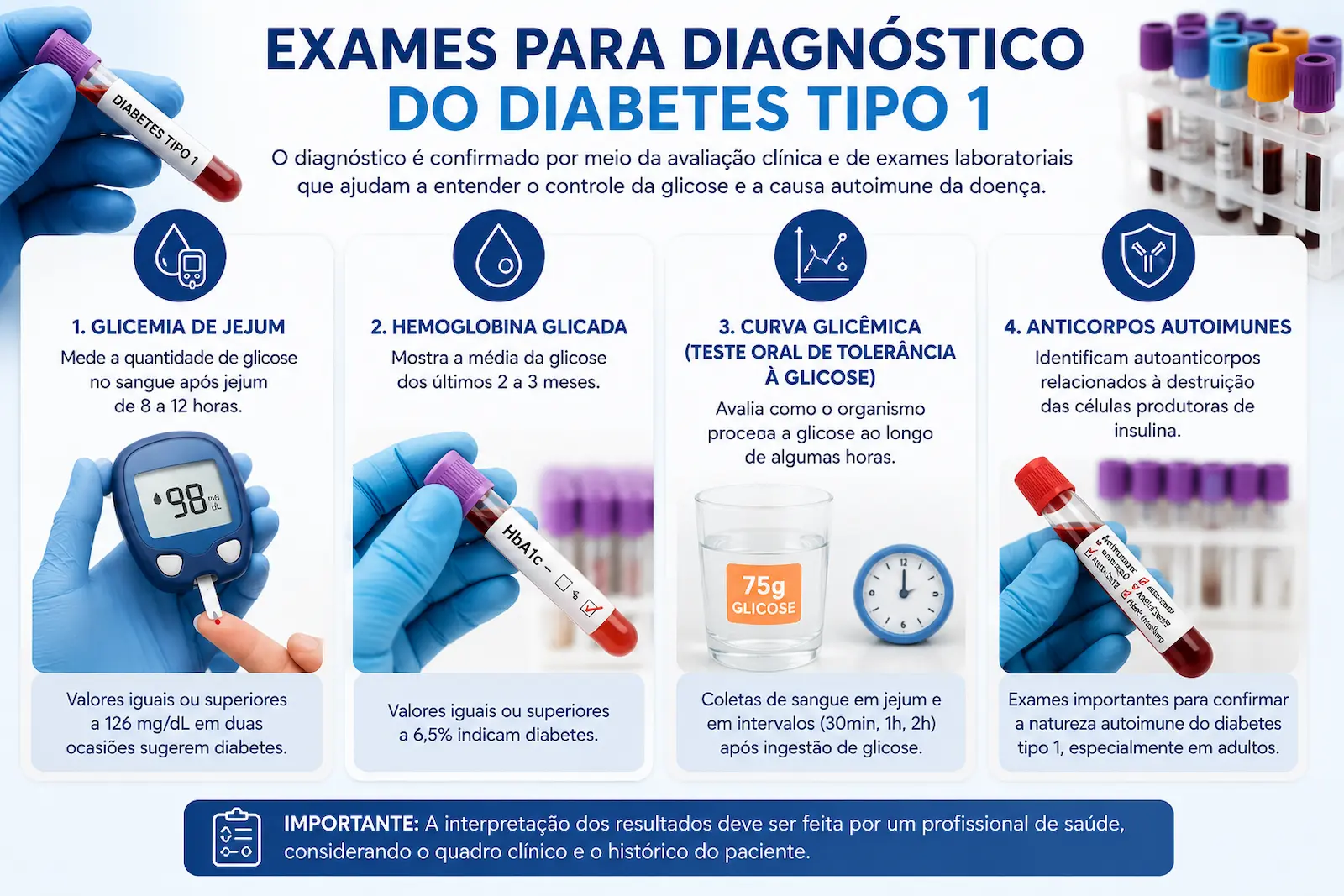Exames utilizados no diagnóstico do diabetes tipo 1 incluindo glicemia de jejum hemoglobina glicada curva glicêmica e anticorpos autoimunes
