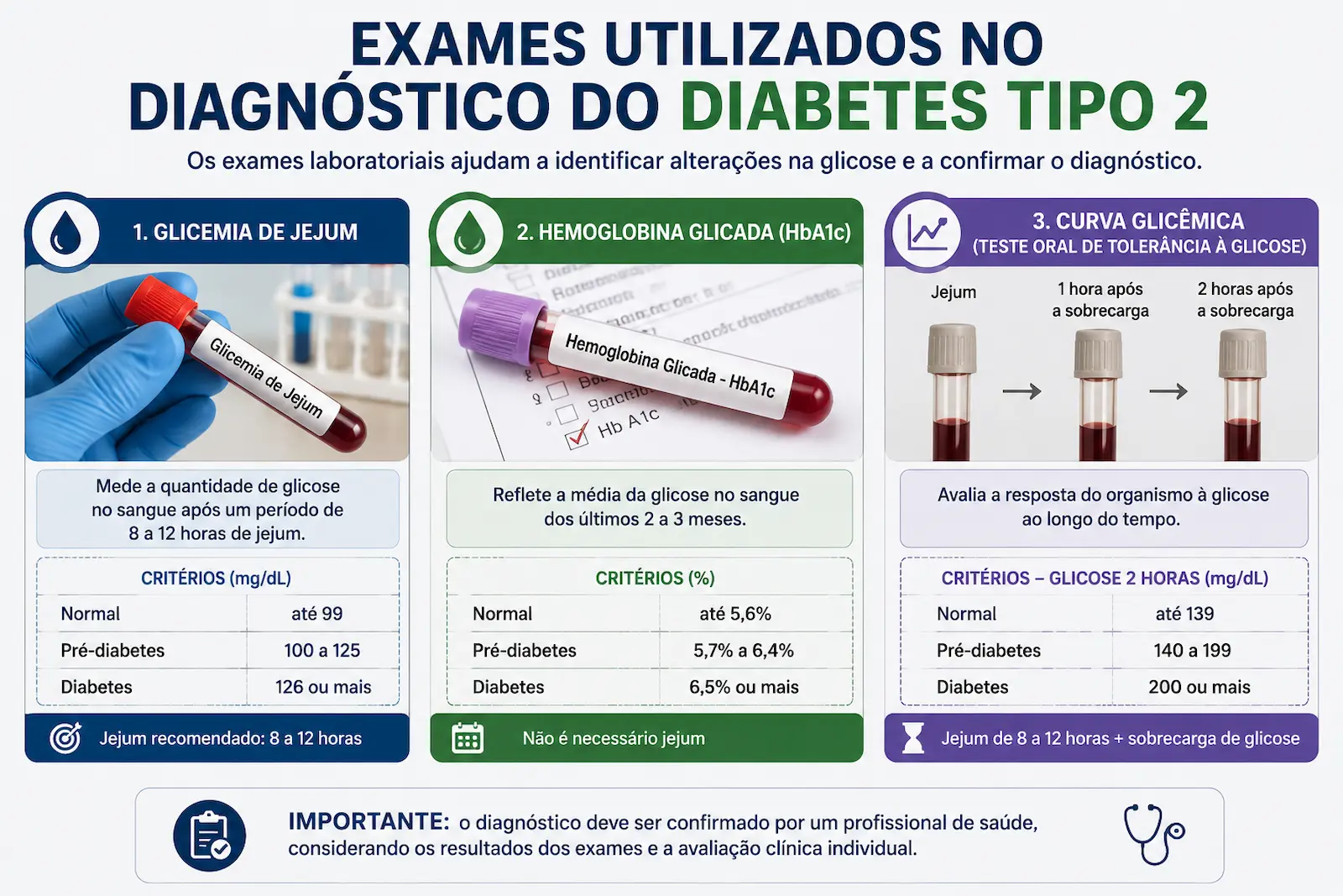 Exames utilizados no diagnóstico do diabetes tipo 2 incluindo glicemia de jejum hemoglobina glicada e curva glicêmica