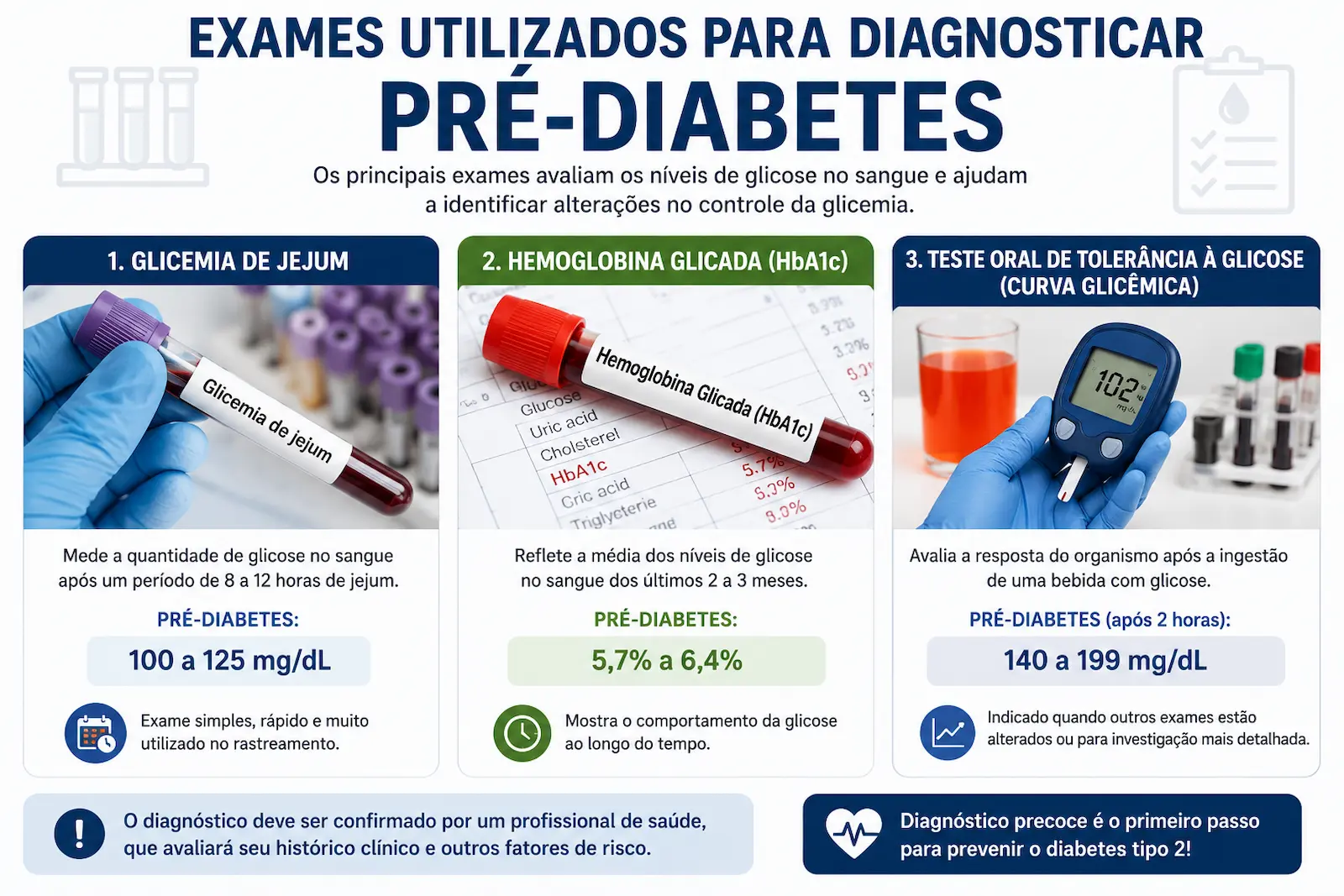 Exames utilizados para diagnosticar pré-diabetes incluindo glicemia de jejum hemoglobina glicada e curva glicêmica