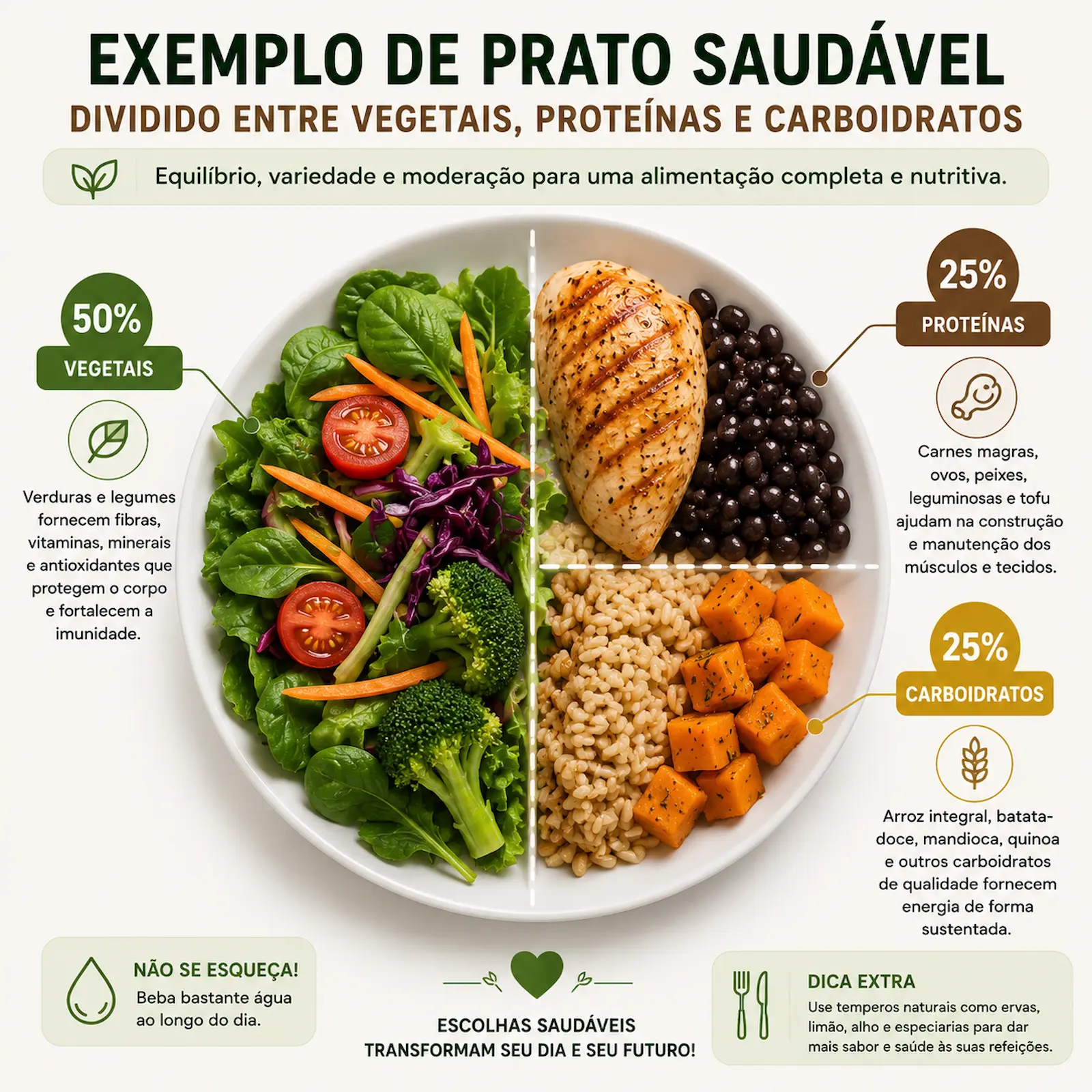 Exemplo de prato saudável dividido entre vegetais proteínas e carboidratos