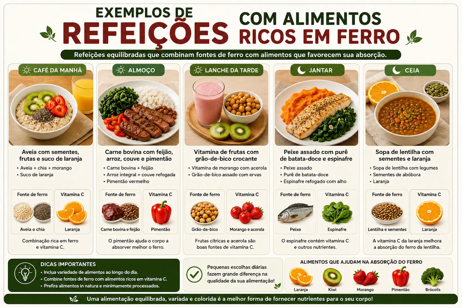 Exemplos de refeições com alimentos ricos em ferro
