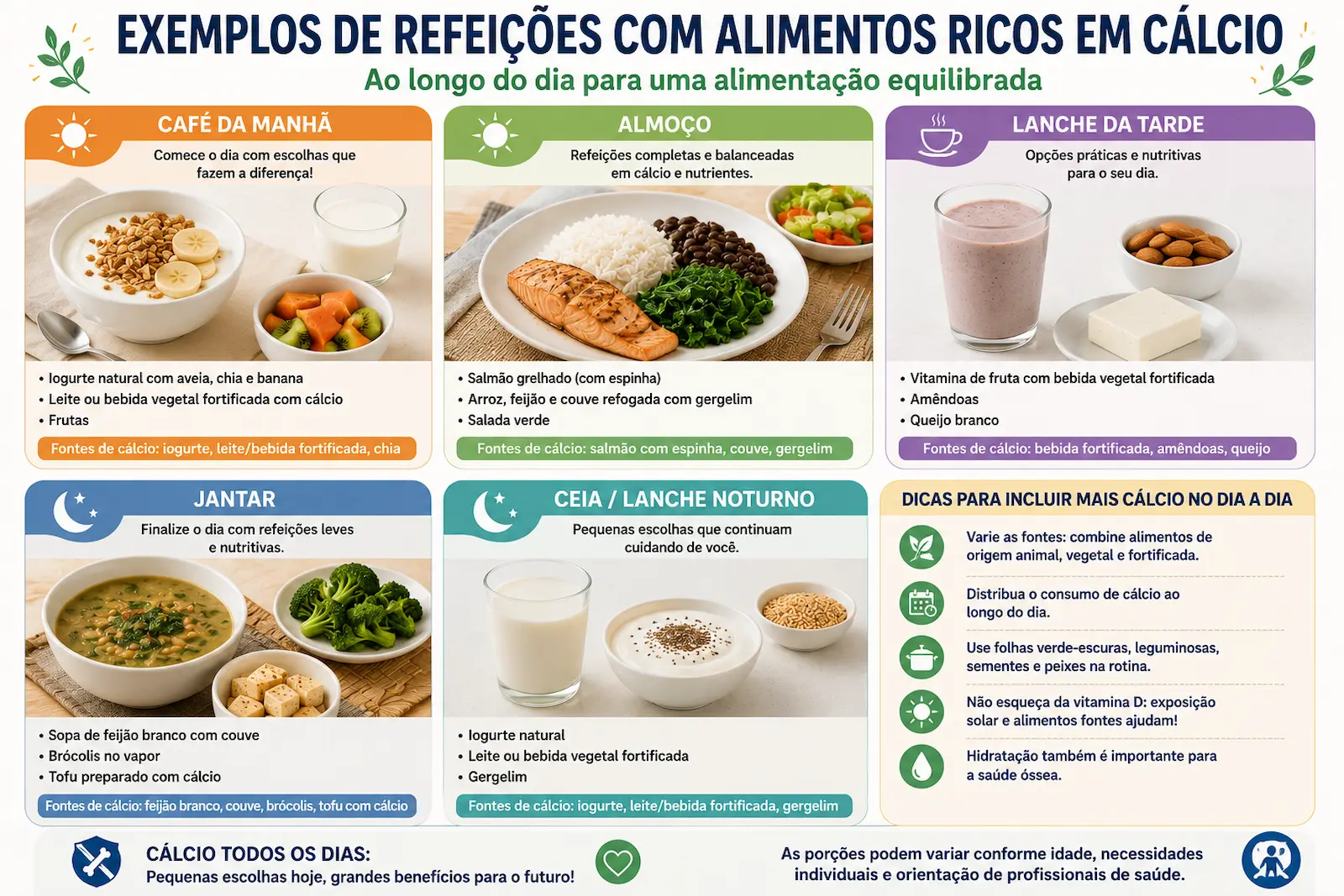 Exemplos de refeições com alimentos ricos em cálcio ao longo do dia