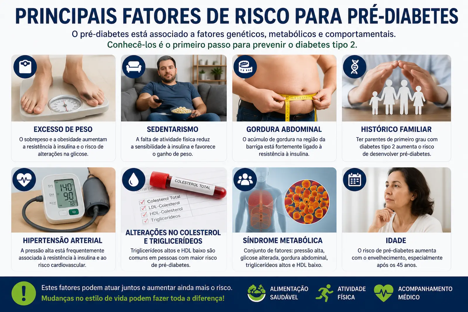 Principais fatores de risco para pré-diabetes incluindo excesso de peso sedentarismo gordura abdominal histórico familiar e síndrome metabólica
