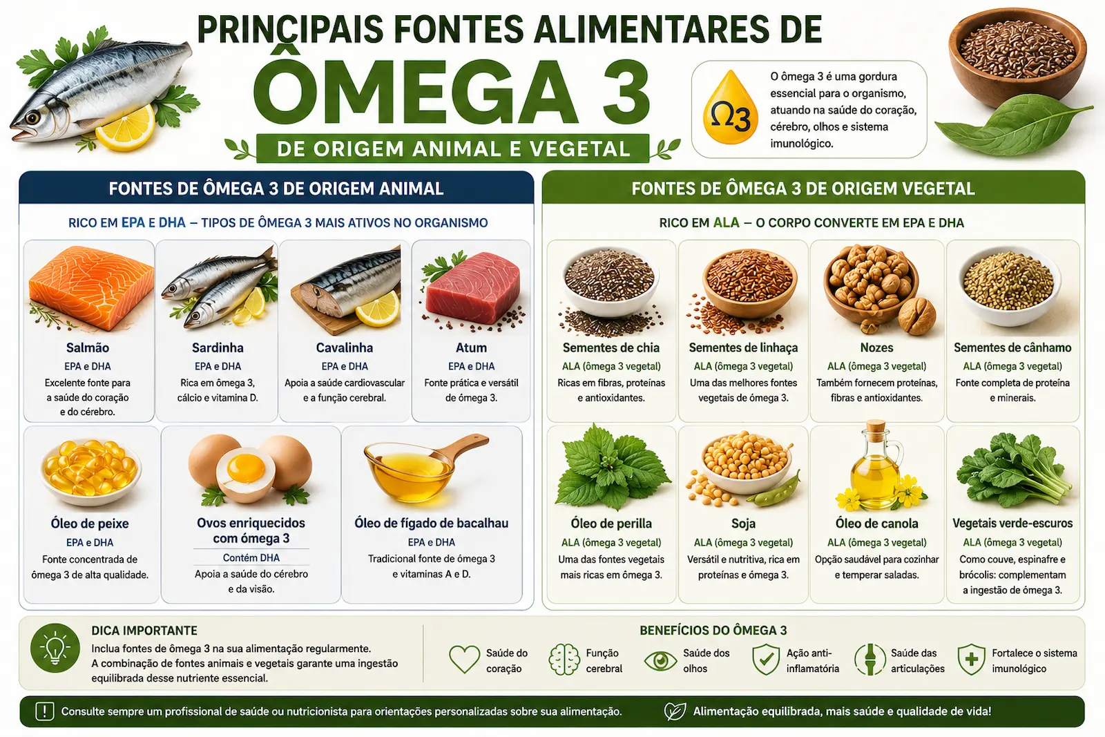 Principais fontes alimentares de ômega 3 de origem animal e vegetal