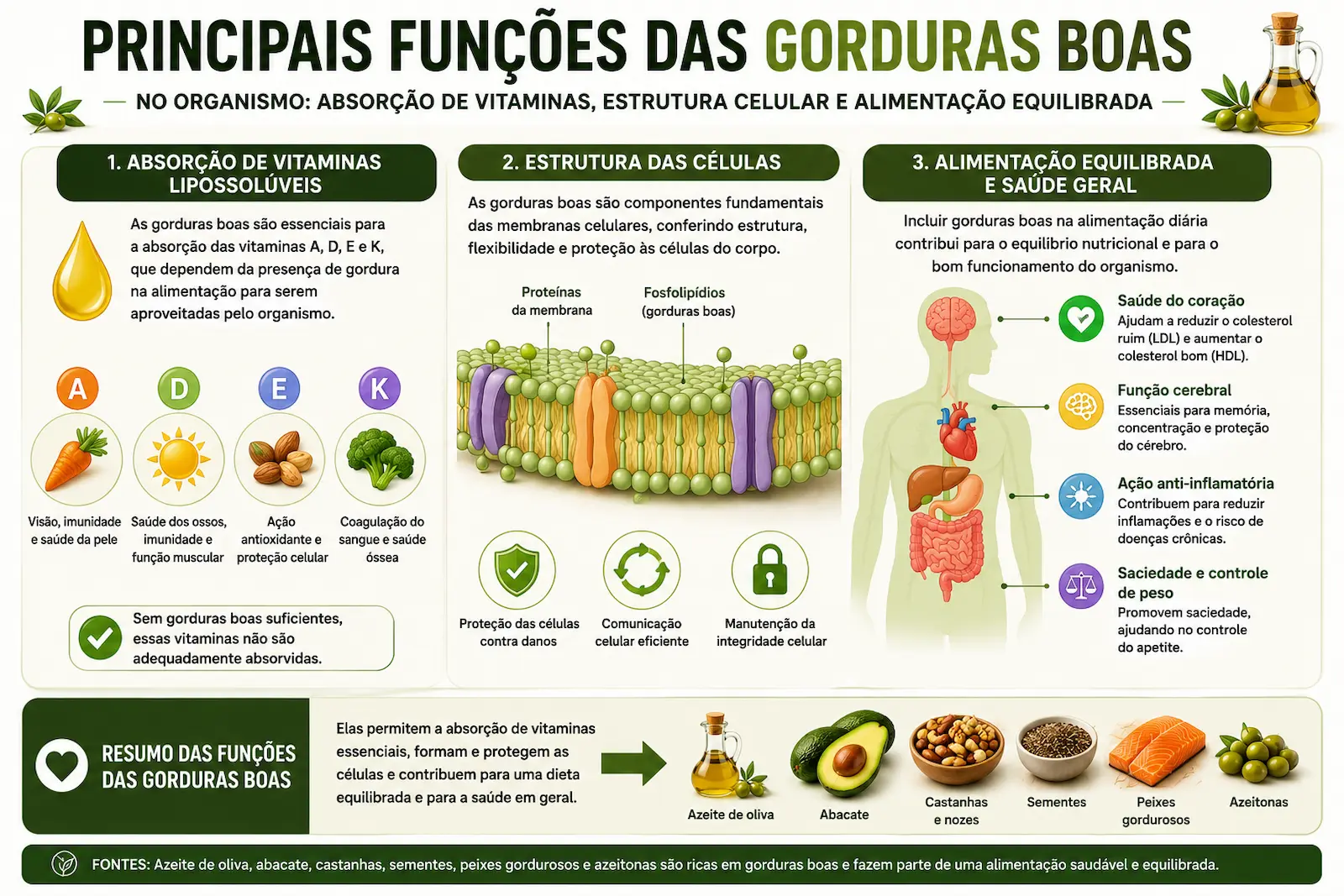 Principais funções das gorduras boas no organismo relacionadas à absorção de vitaminas estrutura celular e alimentação equilibrada
