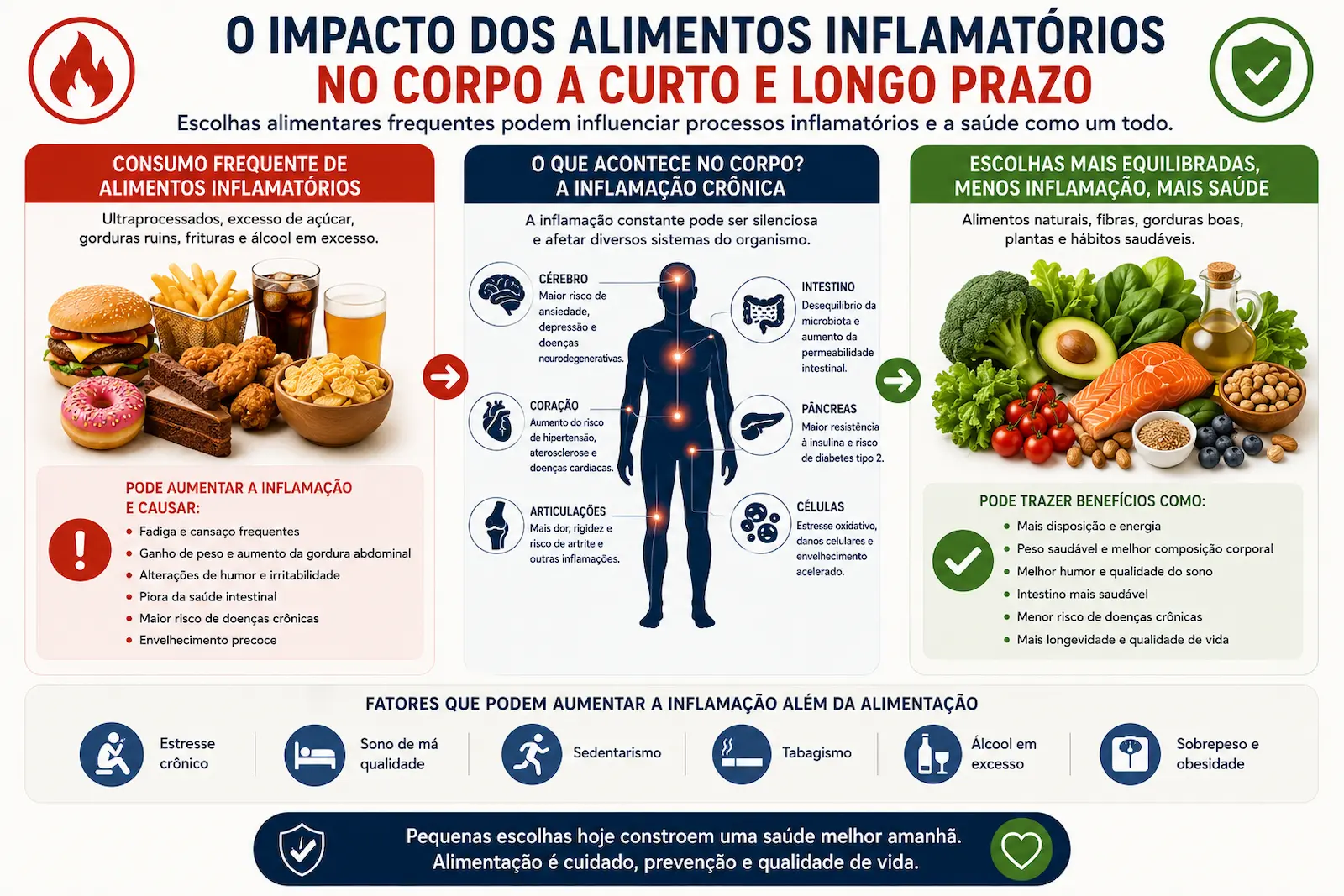 Resumo visual sobre alimentos inflamatórios e escolhas alimentares equilibradas