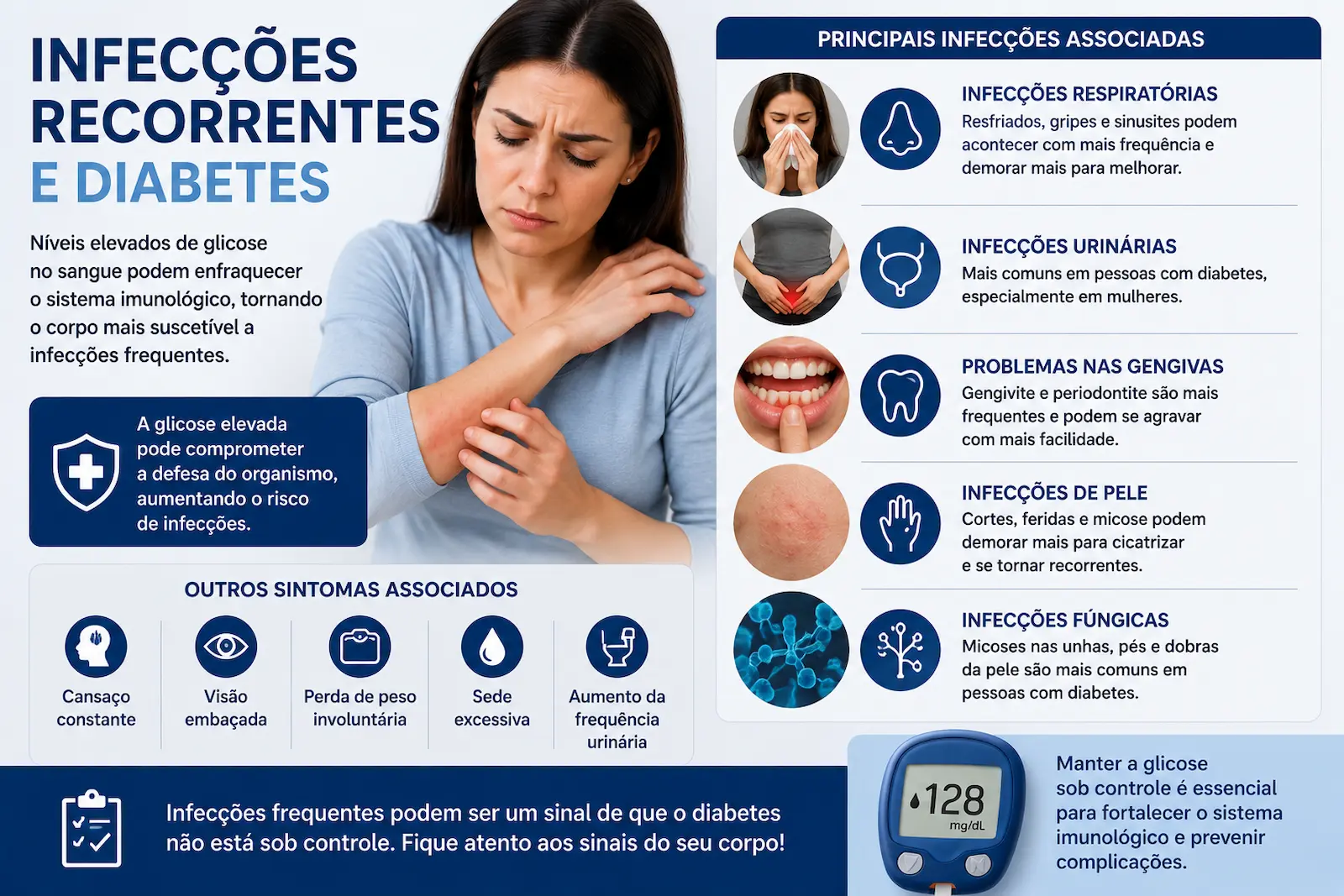 Infecções recorrentes pele trato urinário gengivas e outros sintomas associados ao diabetes