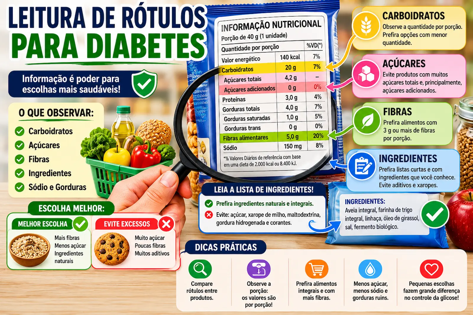 Leitura de rótulos para diabetes mostrando informações nutricionais carboidratos açúcares fibras e ingredientes