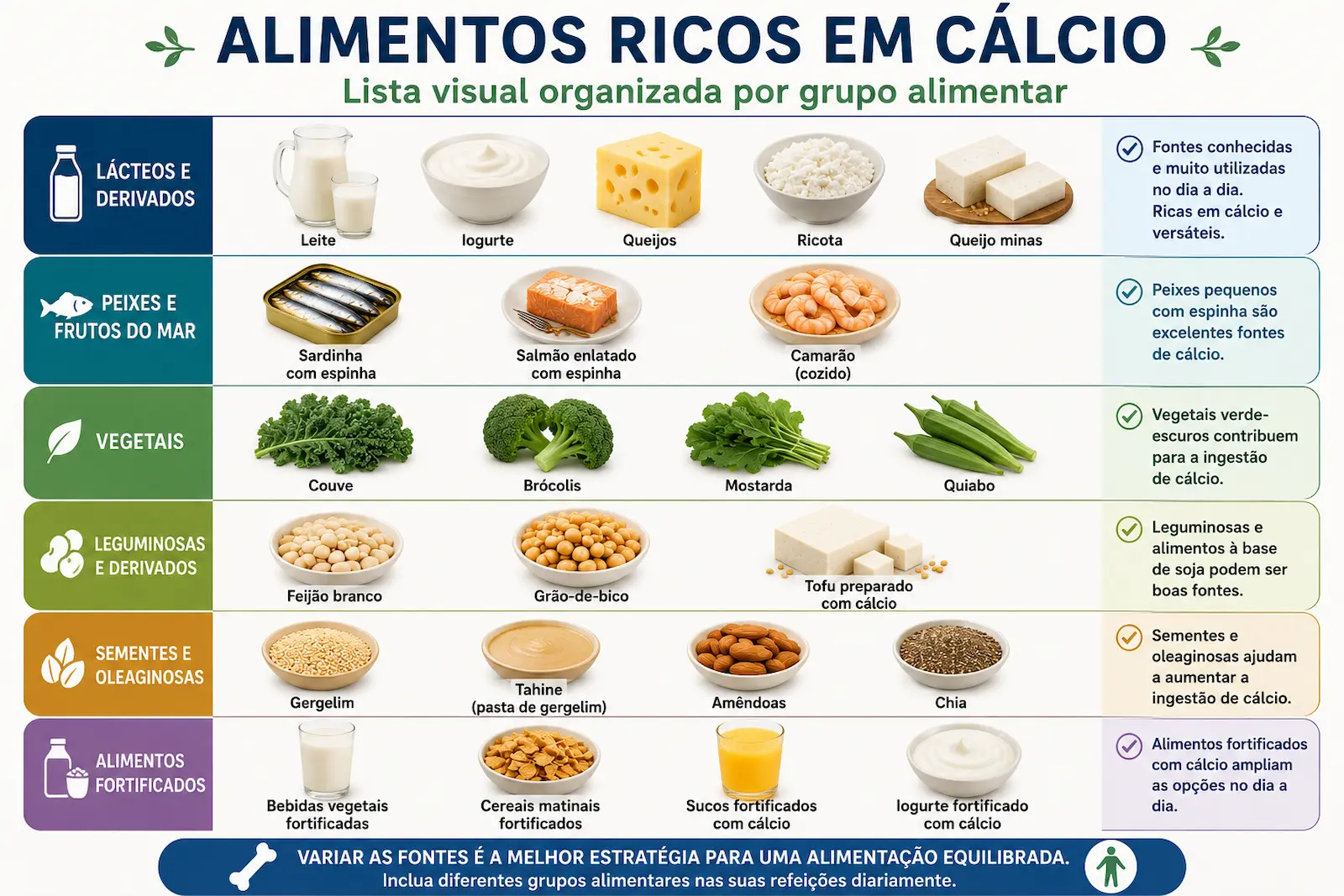 Lista visual de alimentos ricos em cálcio organizados por grupo alimentar