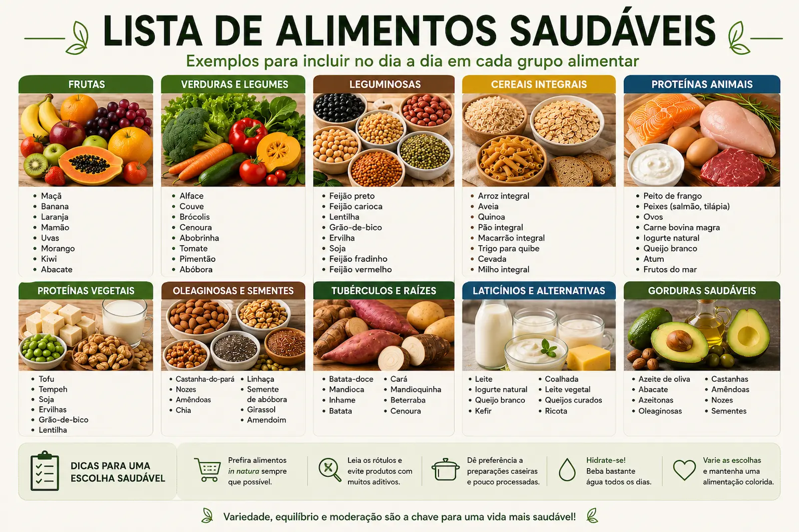 Lista de compras saudável organizada por grupos alimentares