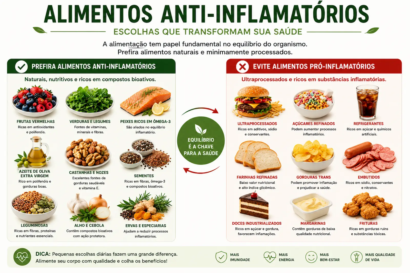 Lista visual de alimentos anti-inflamatorios organizados por grupo alimentar