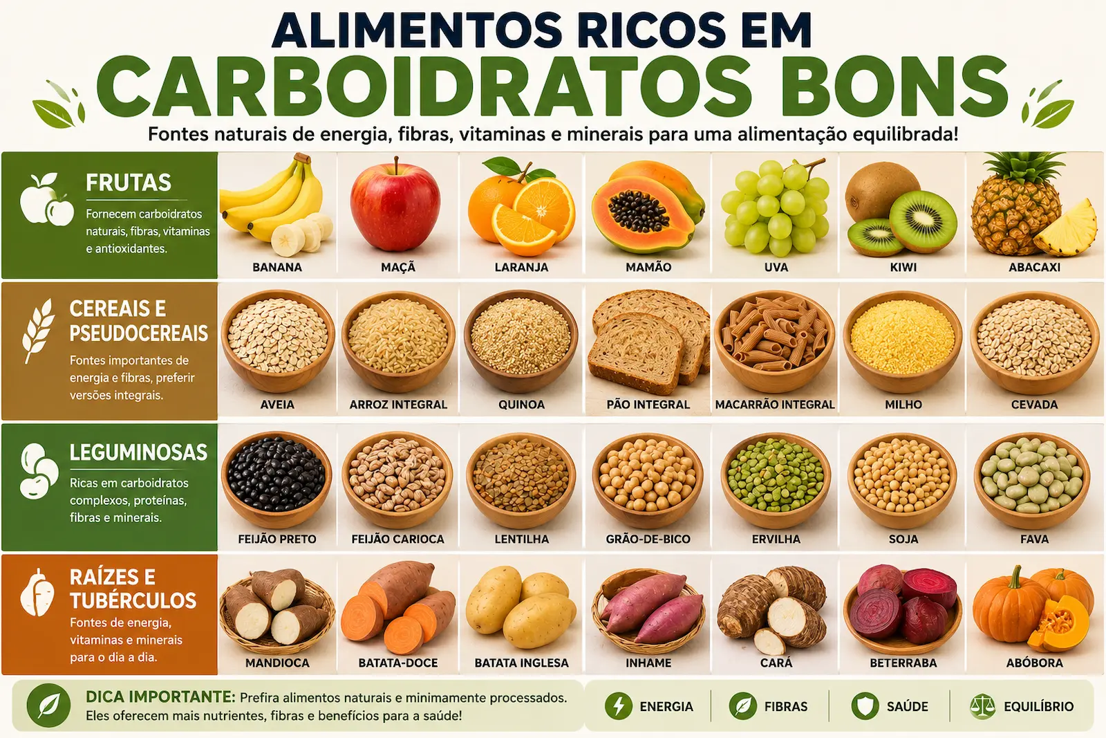 Lista visual de alimentos ricos em carboidratos bons por grupo alimentar incluindo frutas, cereais, leguminosas, raízes e tubérculos
