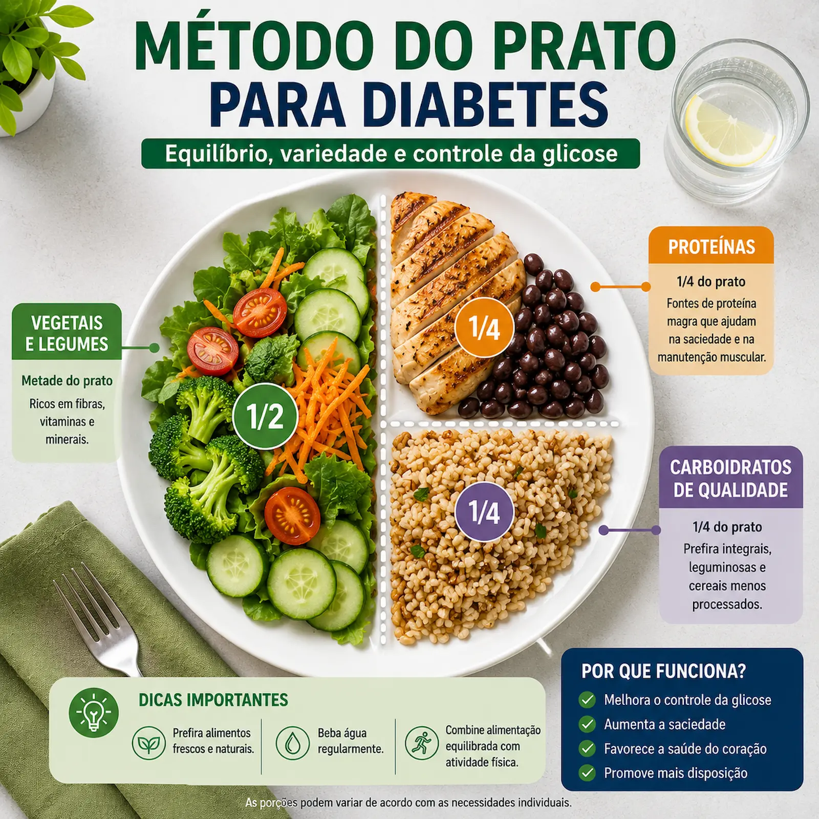 Método do prato para diabetes mostrando divisão equilibrada entre vegetais proteínas e carboidratos de qualidade