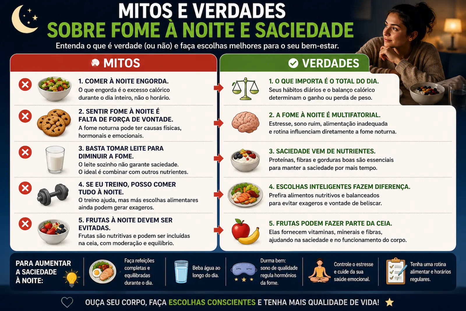 mitos e verdades sobre fome à noite e saciedade
