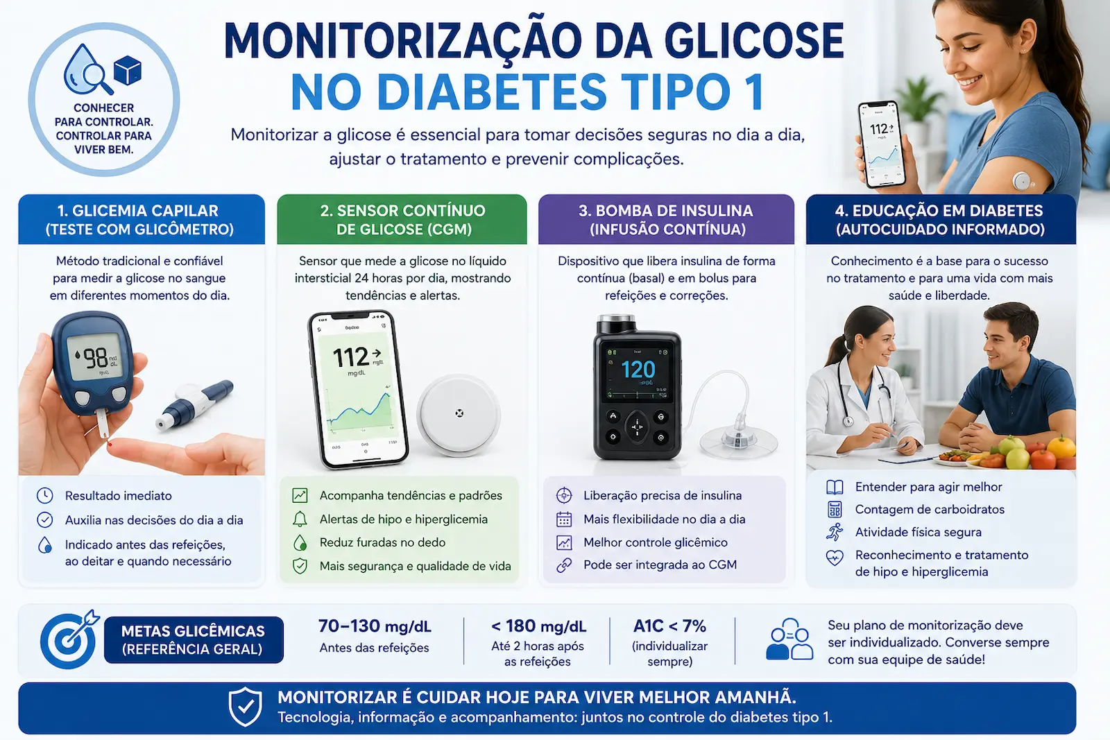 Monitorização da glicose no diabetes tipo 1 com glicemia capilar sensor contínuo bomba de insulina e educação em diabetes