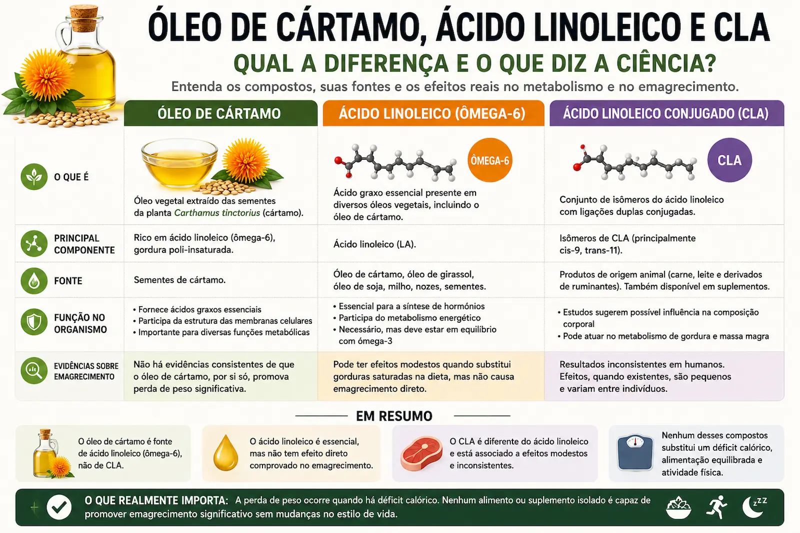 Diferença entre óleo de cártamo ácido linoleico e CLA e seus efeitos no metabolismo e emagrecimento