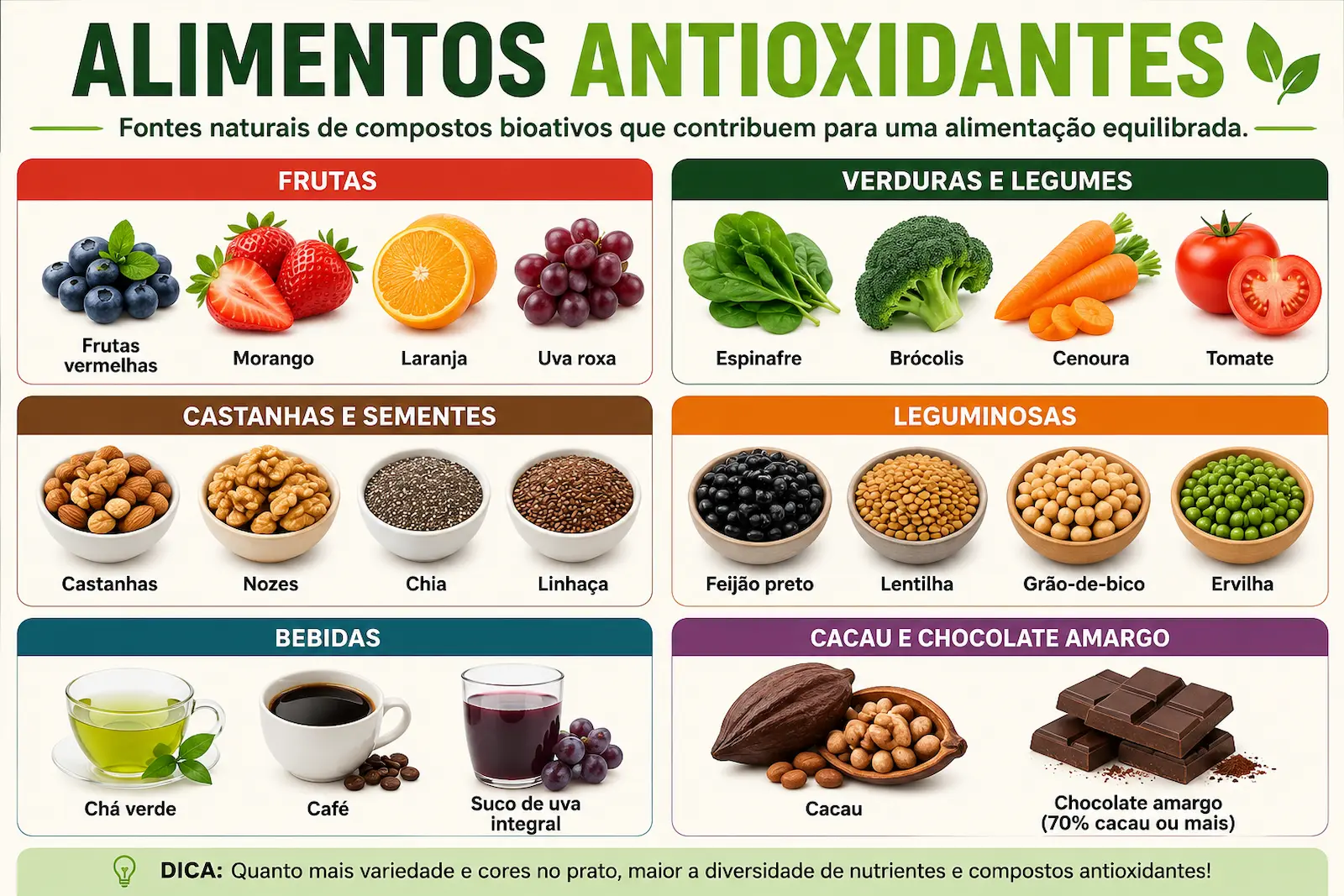 Principais alimentos antioxidantes incluindo frutas vermelhas frutas cítricas vegetais verdes castanhas sementes cacau e chá verde